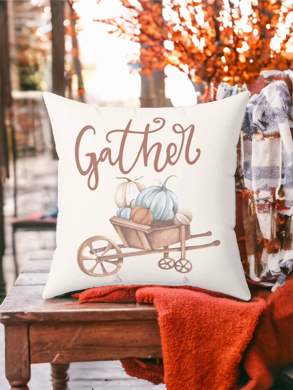 Gather Pillow Cover – Pumpkin Wheelbarrow Throw Pillowcase, Fall Farmhouse Cushion Cover (Cover Only)