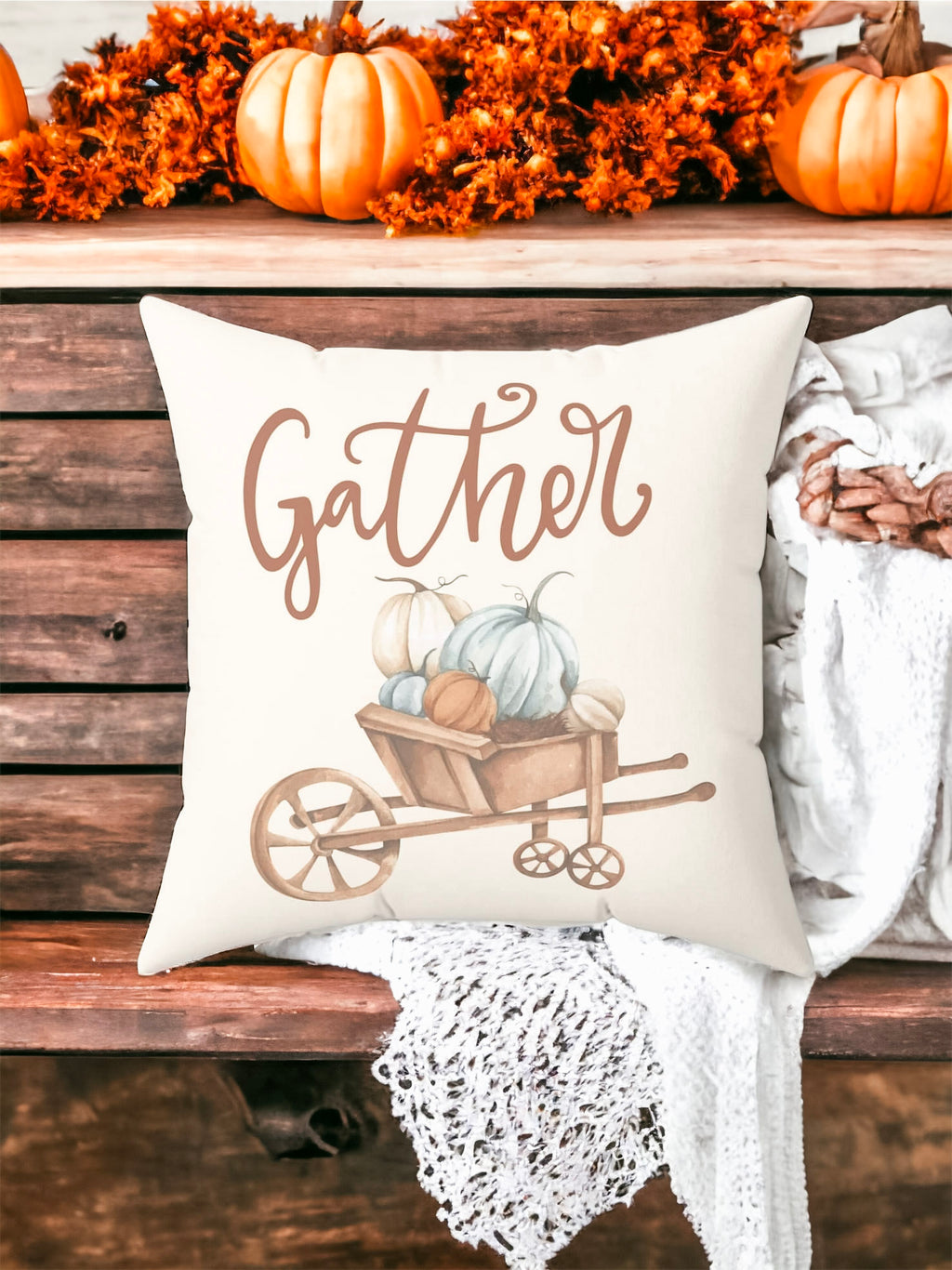 Gather Pillow Cover – Pumpkin Wheelbarrow Throw Pillowcase, Fall Farmhouse Cushion Cover (Cover Only)