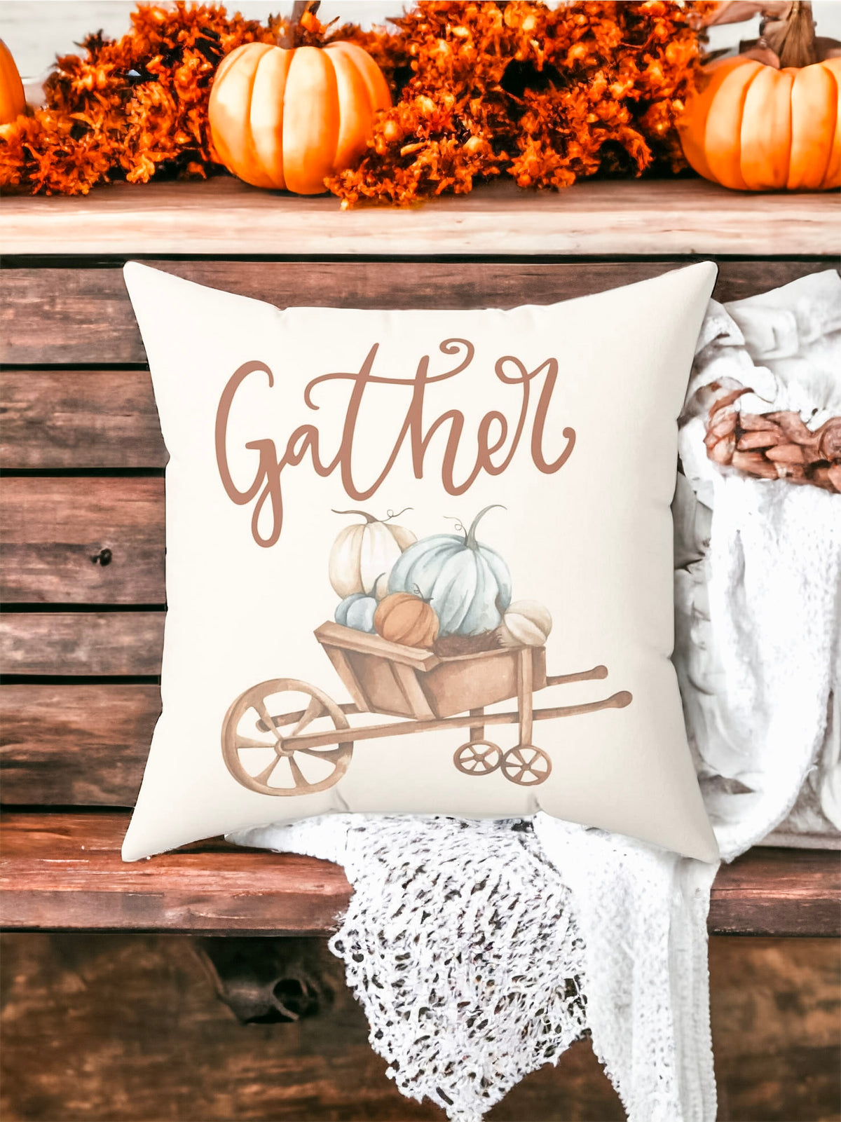 Gather Pillow Cover – Pumpkin Wheelbarrow Throw Pillowcase, Fall Farmhouse Cushion Cover (Cover Only)