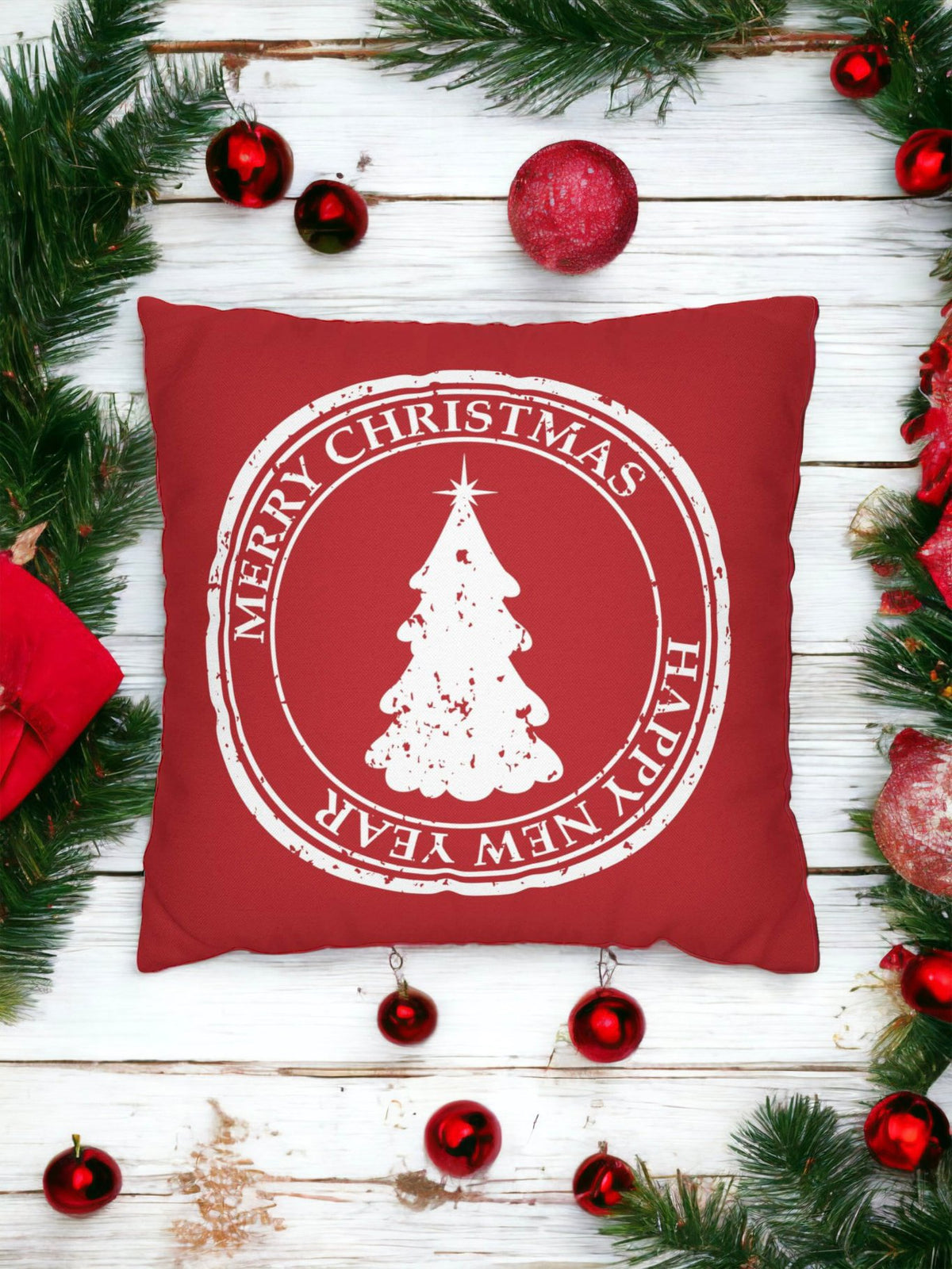 Merry Christmas Pillow Cover – Red Holiday Throw Pillowcase with Christmas Tree, Farmhouse Cushion Cover (Cover Only)