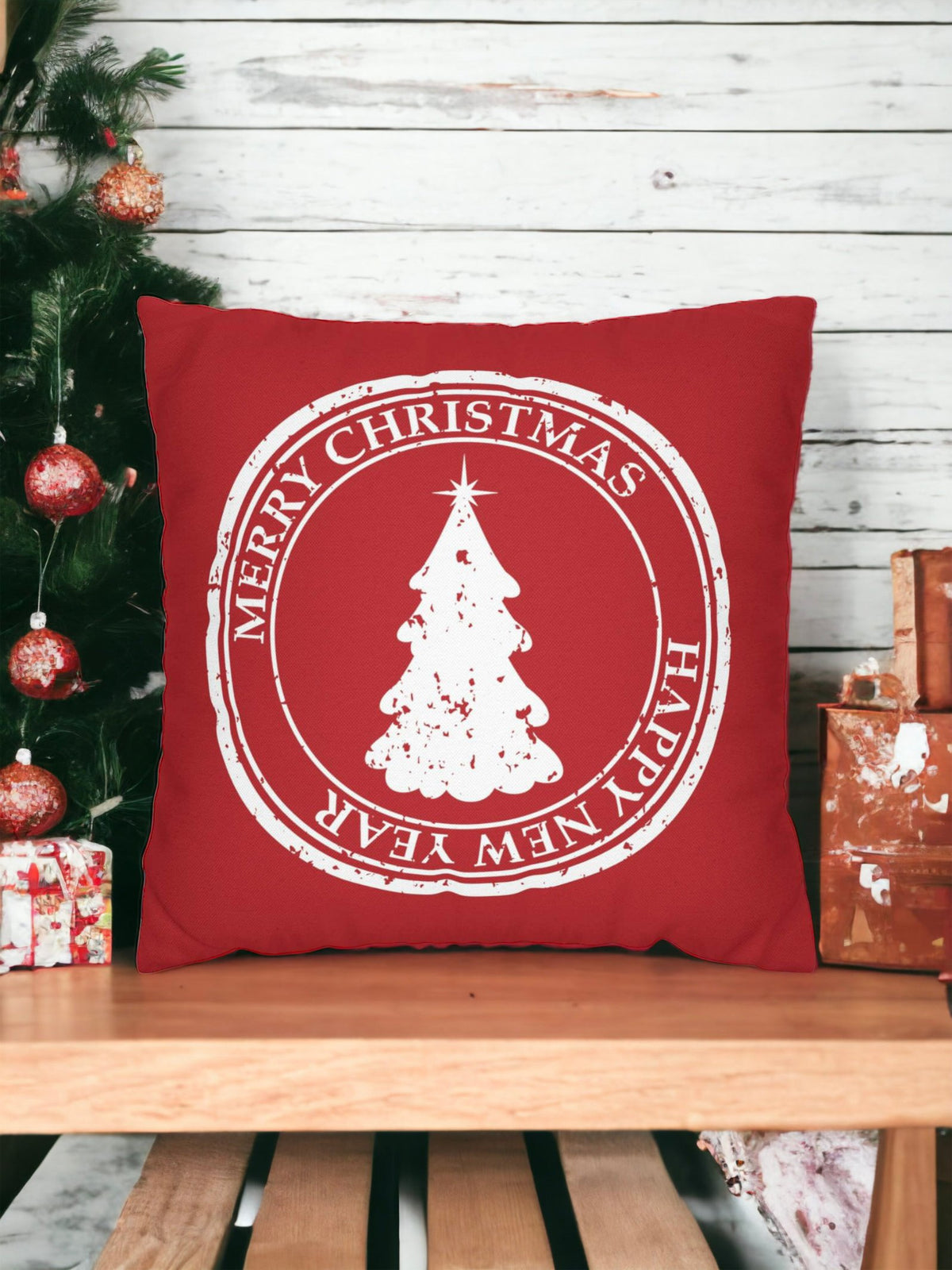 Merry Christmas Pillow Cover – Red Holiday Throw Pillowcase with Christmas Tree, Farmhouse Cushion Cover (Cover Only)
