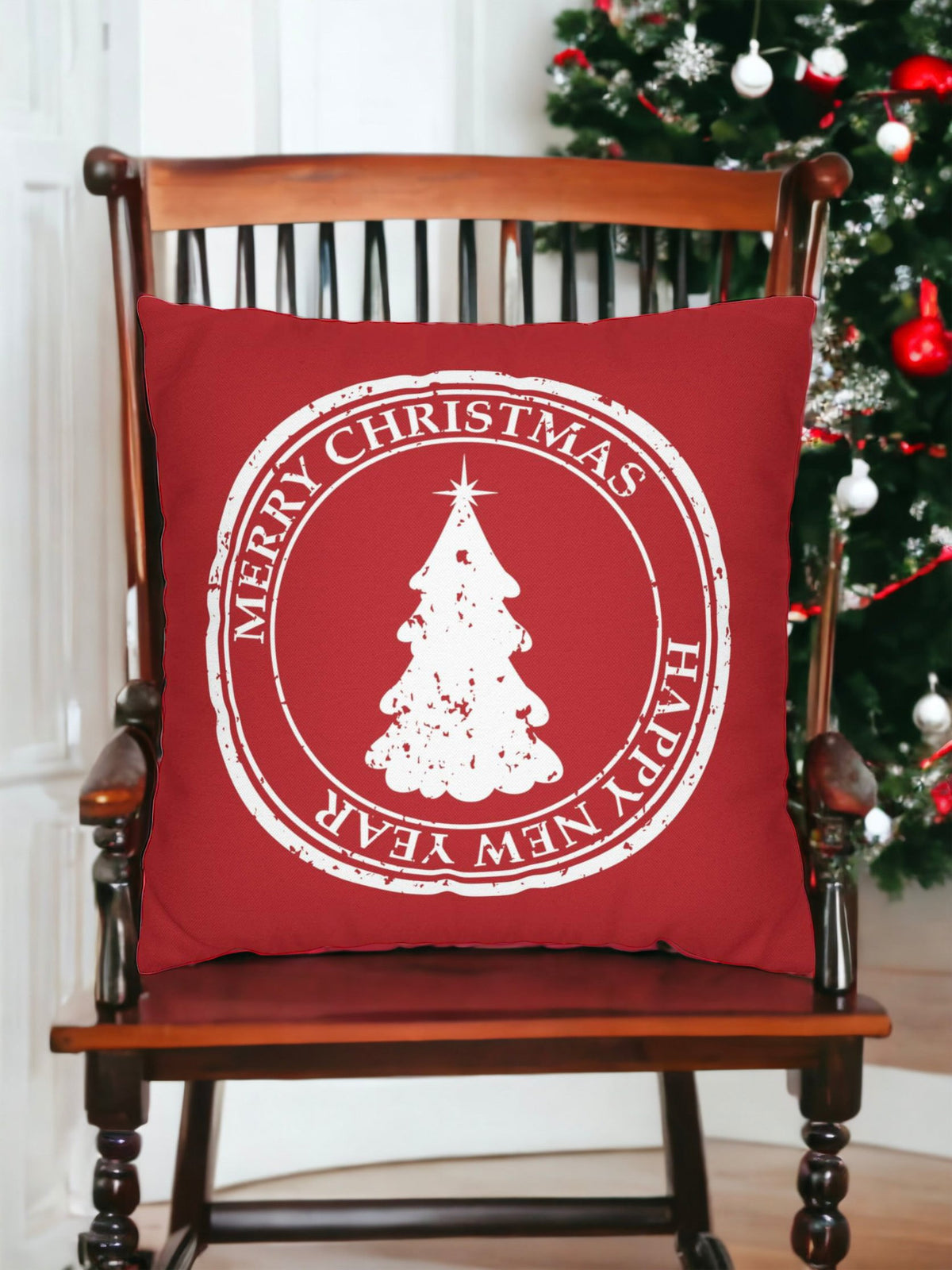 Merry Christmas Pillow Cover – Red Holiday Throw Pillowcase with Christmas Tree, Farmhouse Cushion Cover (Cover Only)