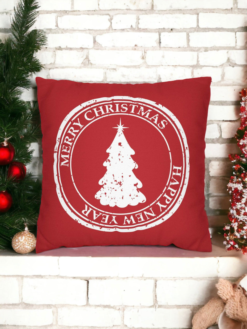 Merry Christmas Pillow Cover – Red Holiday Throw Pillowcase with Christmas Tree, Farmhouse Cushion Cover (Cover Only)