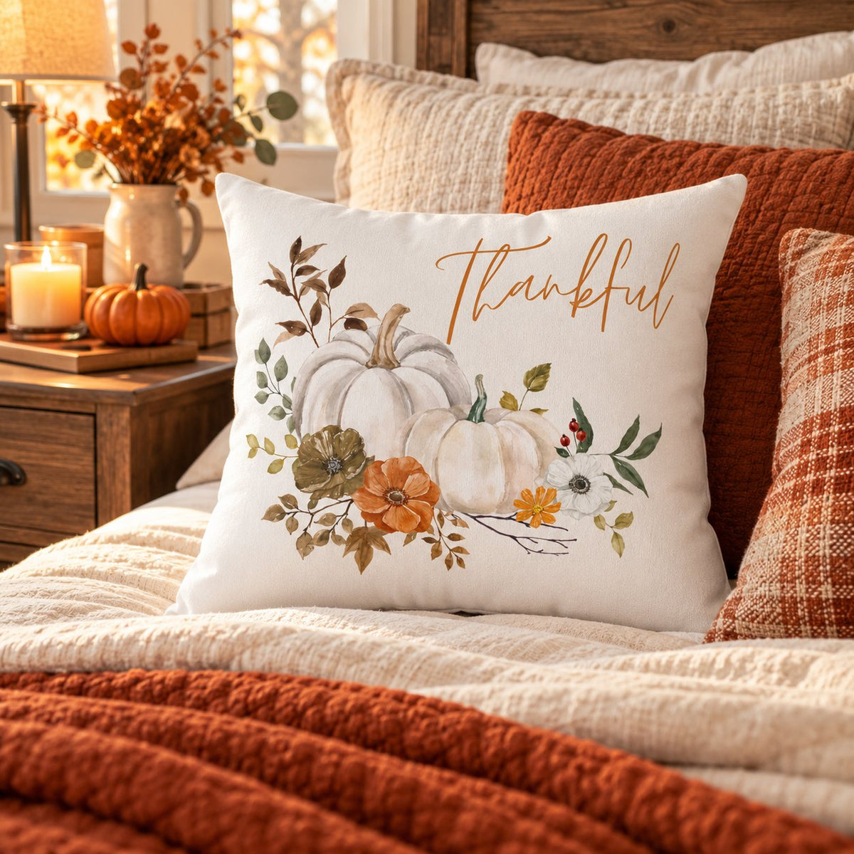 Thankful Pillow Cover – White Pumpkin & Fall Floral, Fall Farmhouse Cushion Cover (Cover Only)