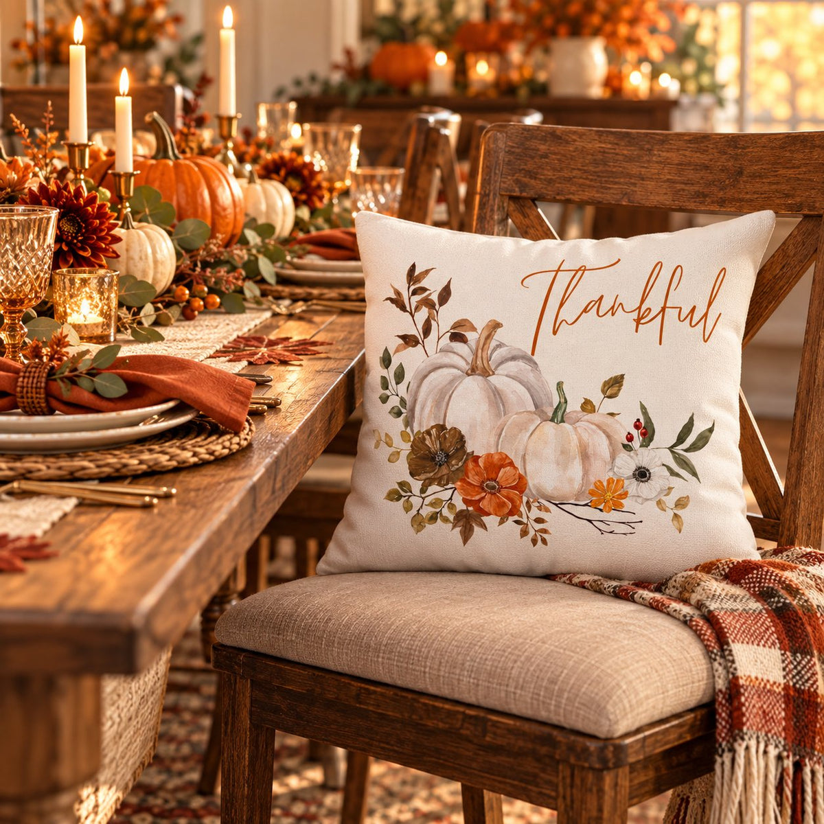 Thankful Pillow Cover – White Pumpkin & Fall Floral, Fall Farmhouse Cushion Cover (Cover Only)