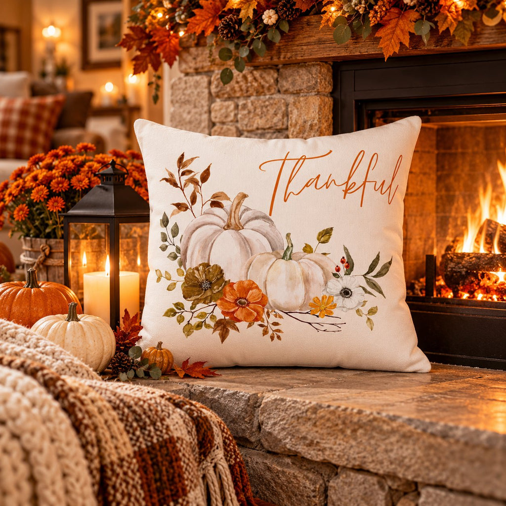 Thankful Pillow Cover – White Pumpkin & Fall Floral, Fall Farmhouse Cushion Cover (Cover Only)