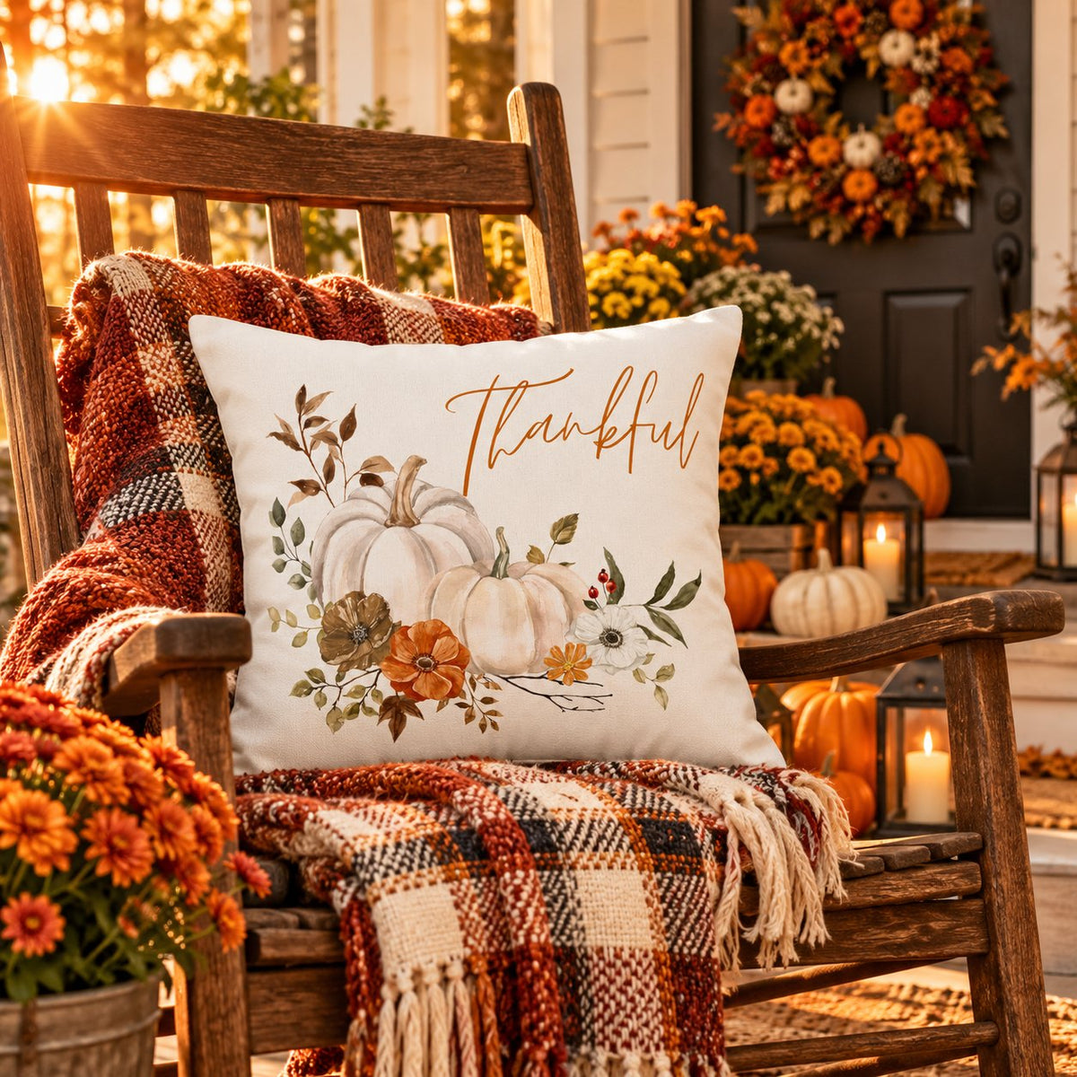 Thankful Pillow Cover – White Pumpkin & Fall Floral, Fall Farmhouse Cushion Cover (Cover Only)