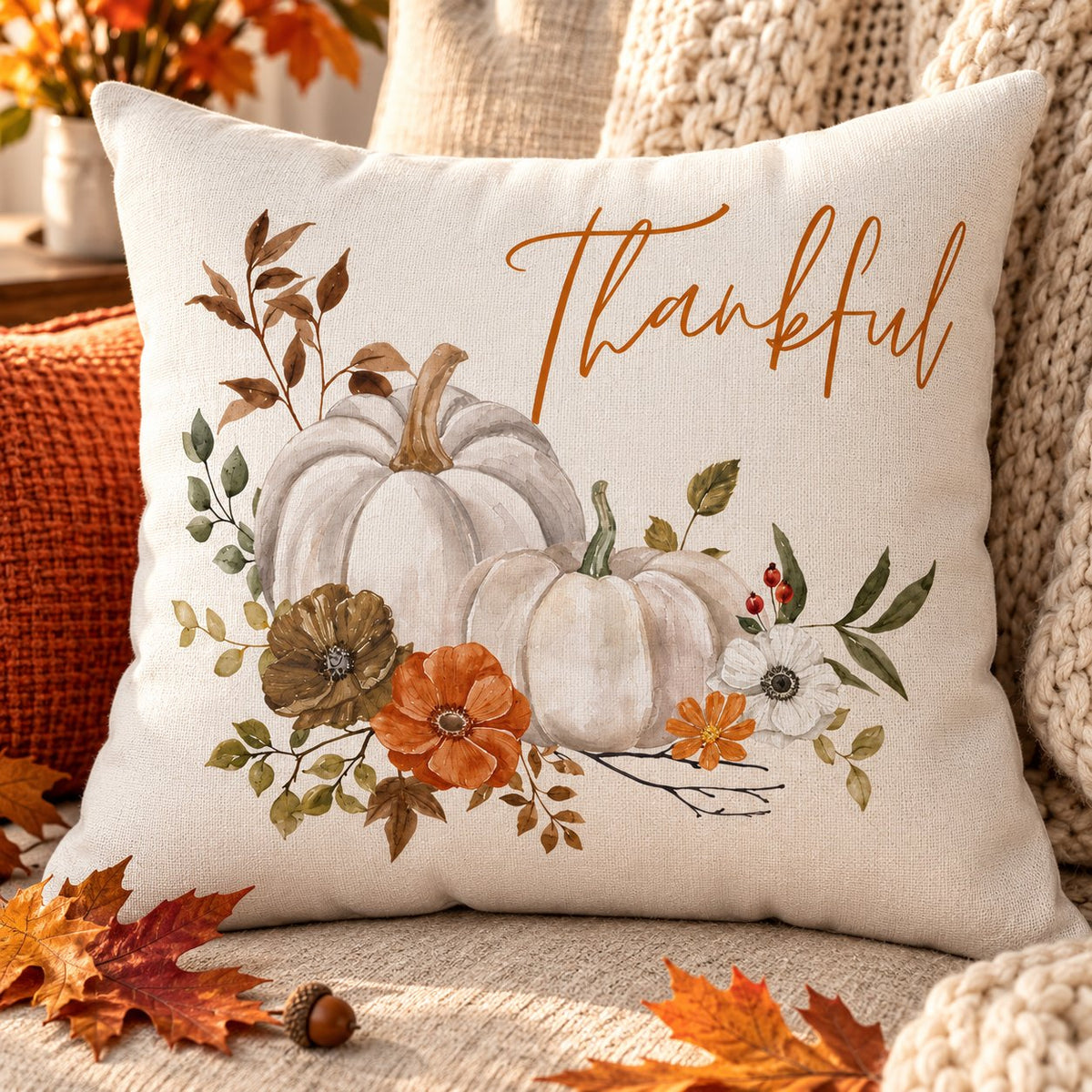 Thankful Pillow Cover – White Pumpkin & Fall Floral, Fall Farmhouse Cushion Cover (Cover Only)