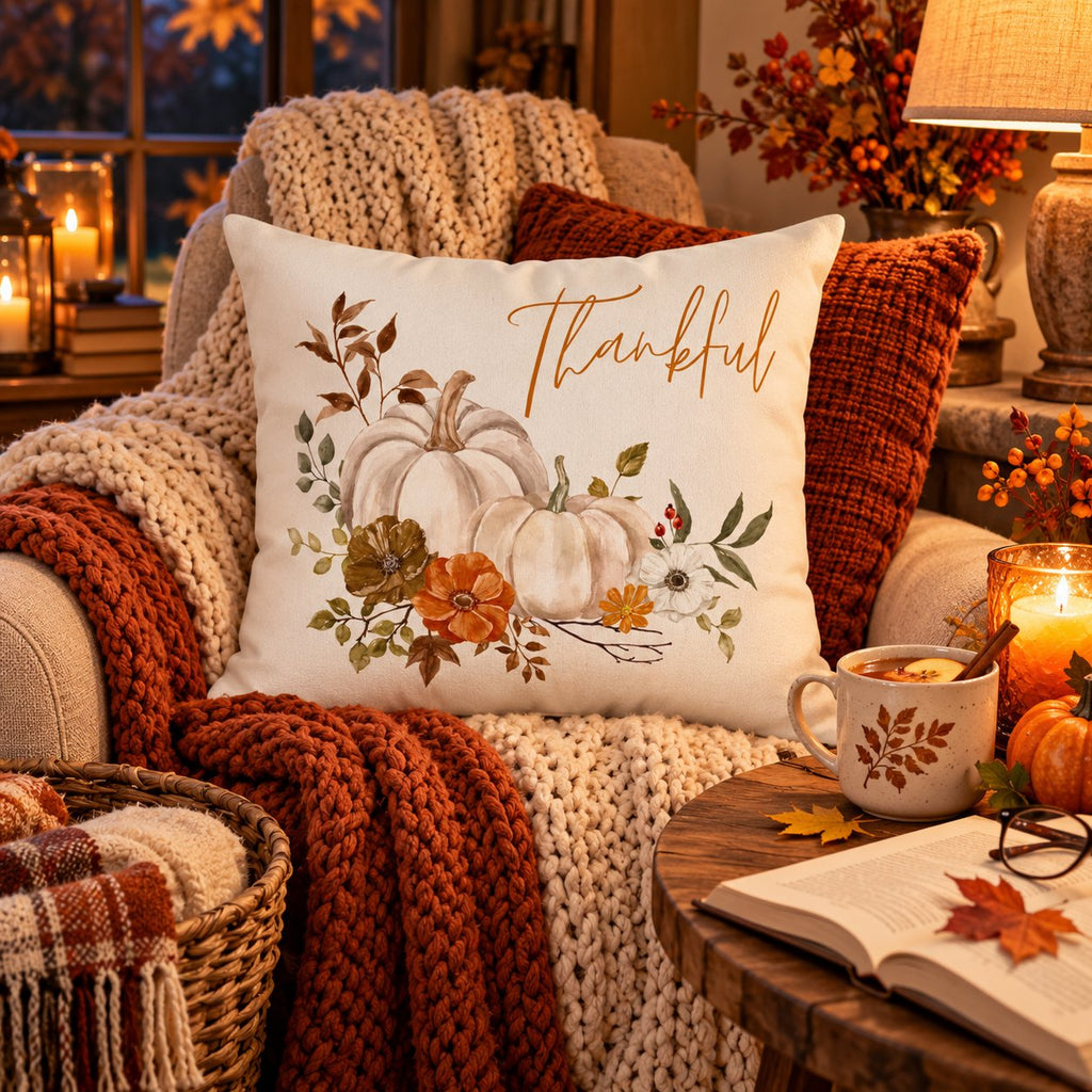 Thankful Pillow Cover – White Pumpkin & Fall Floral, Fall Farmhouse Cushion Cover (Cover Only)