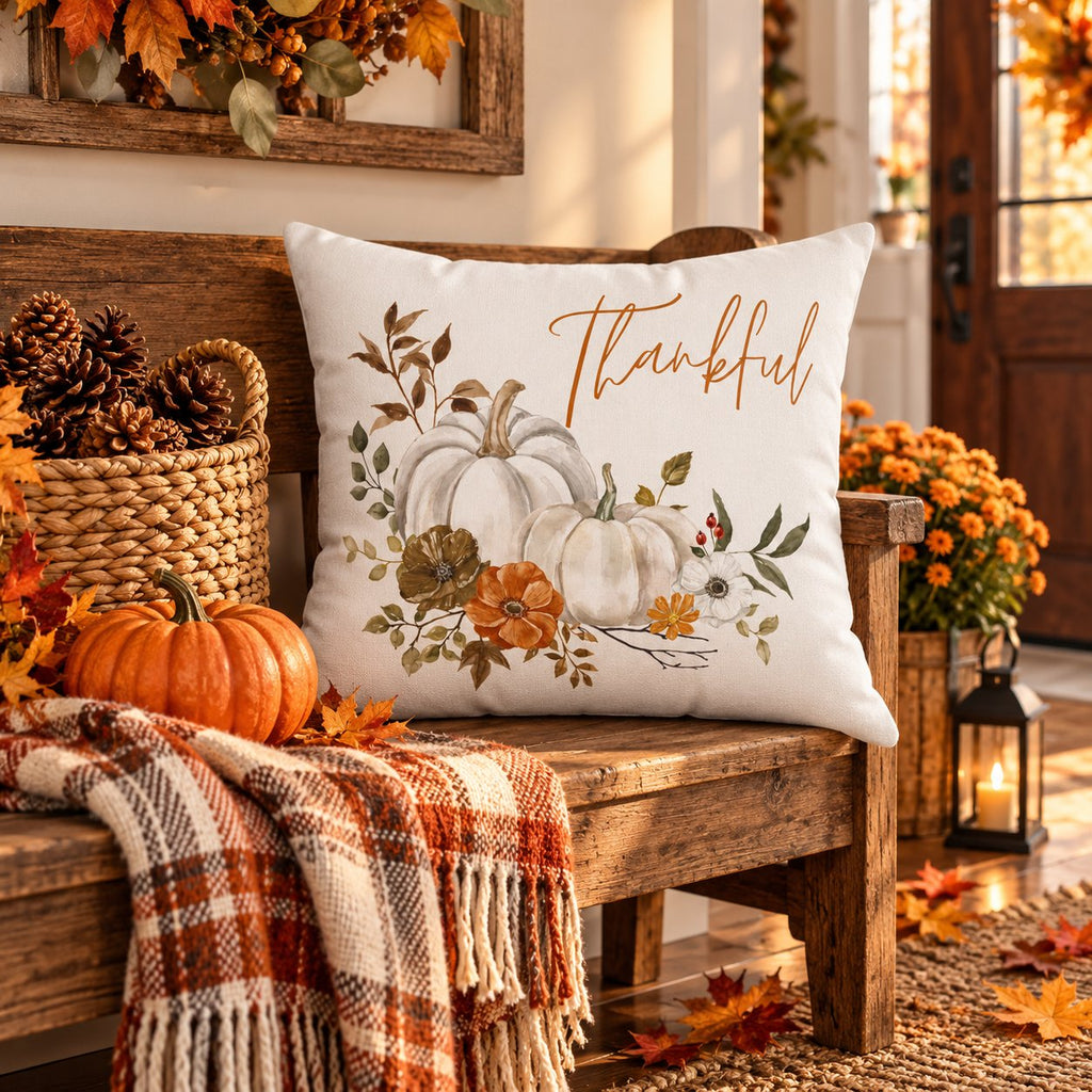 Thankful Pillow Cover – White Pumpkin & Fall Floral, Fall Farmhouse Cushion Cover (Cover Only)