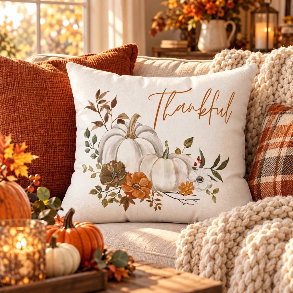 Thankful Pillow Cover – White Pumpkin & Fall Floral, Fall Farmhouse Cushion Cover (Cover Only)
