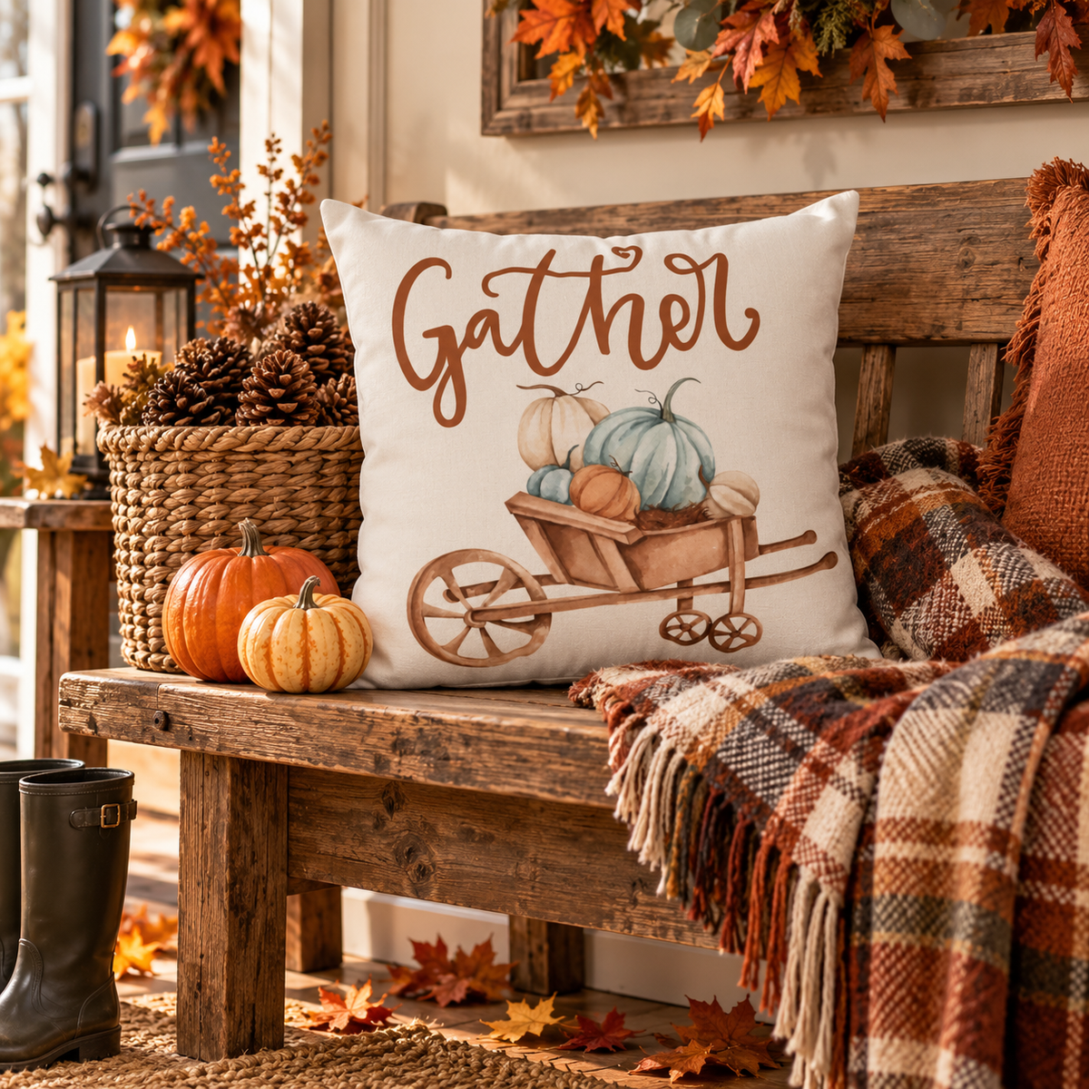 Gather Pillow Cover – Pumpkin Wheelbarrow Throw Pillowcase, Fall Farmhouse Cushion Cover (Cover Only)