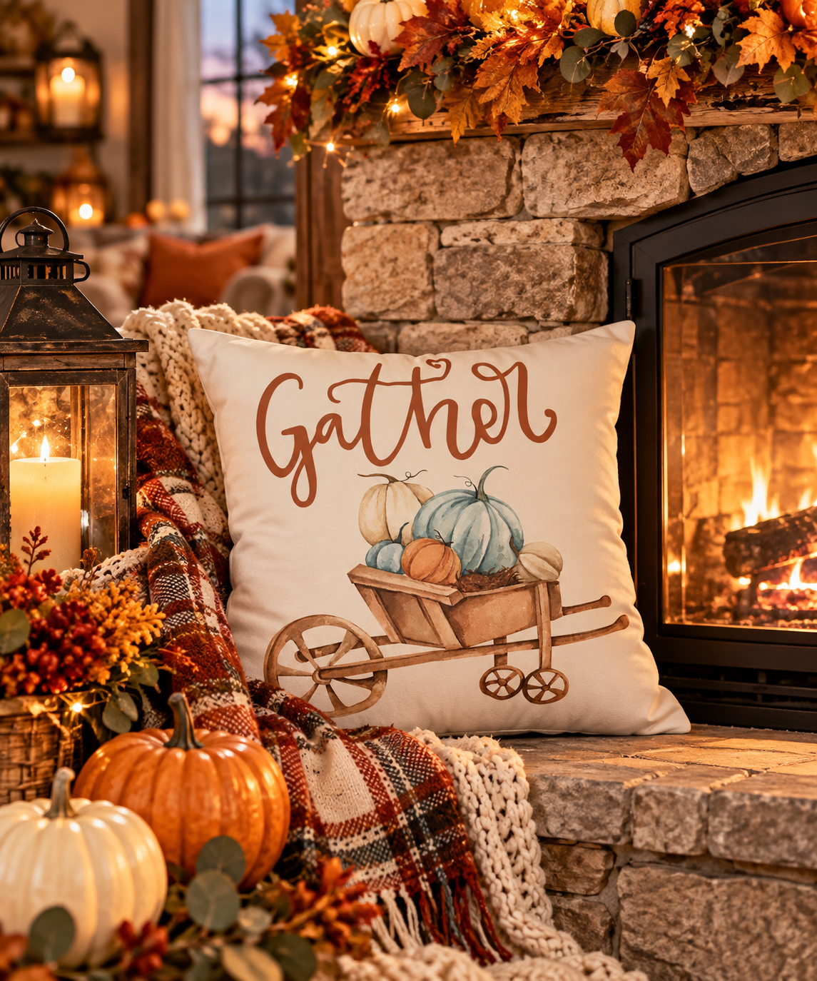 Gather Pillow Cover – Pumpkin Wheelbarrow Throw Pillowcase, Fall Farmhouse Cushion Cover (Cover Only)