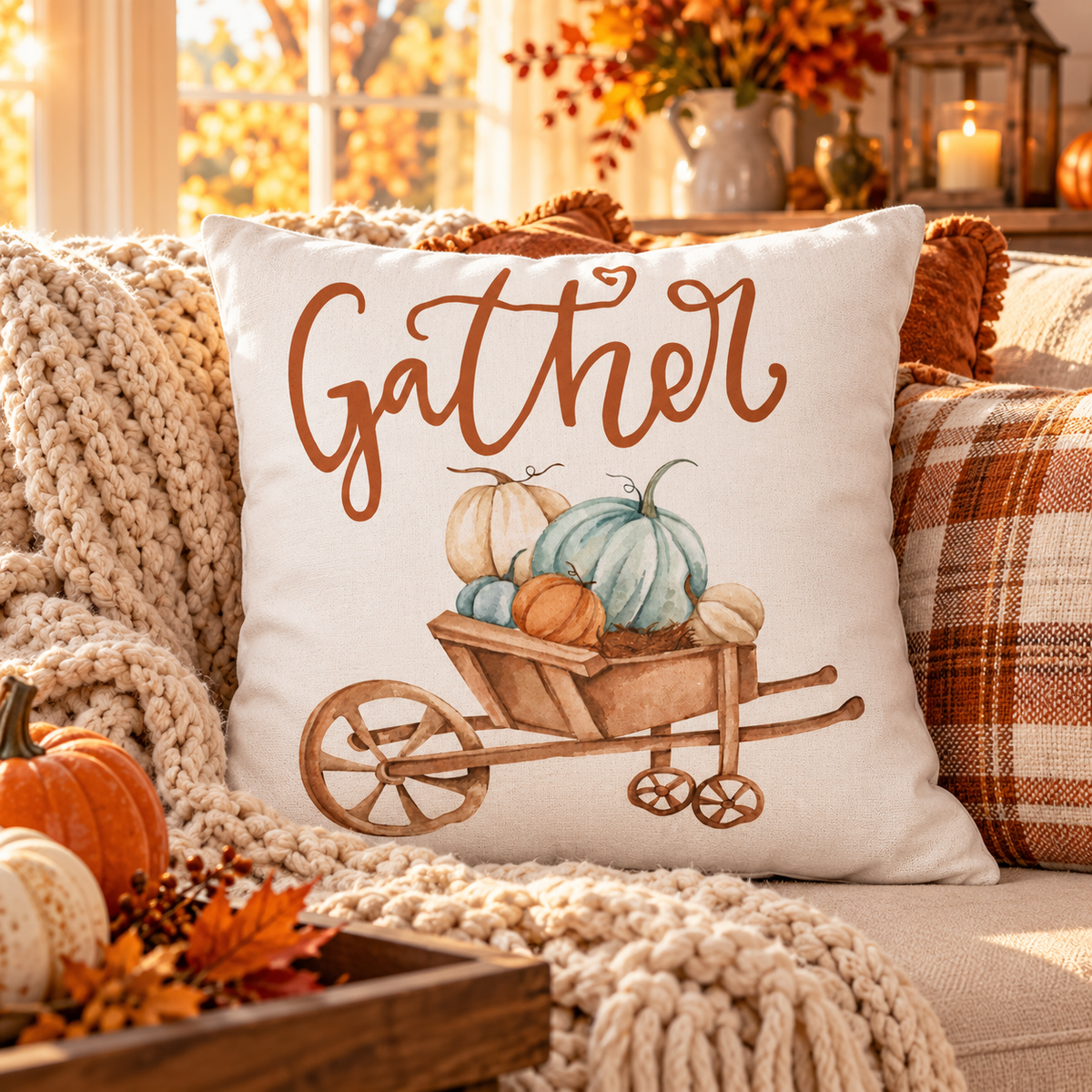 Gather Pillow Cover – Pumpkin Wheelbarrow Throw Pillowcase, Fall Farmhouse Cushion Cover (Cover Only)