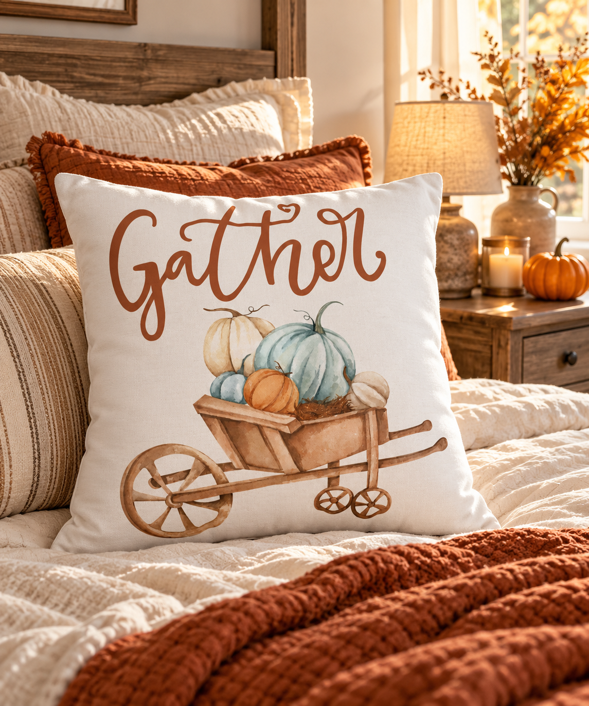 Gather Pillow Cover – Pumpkin Wheelbarrow Throw Pillowcase, Fall Farmhouse Cushion Cover (Cover Only)