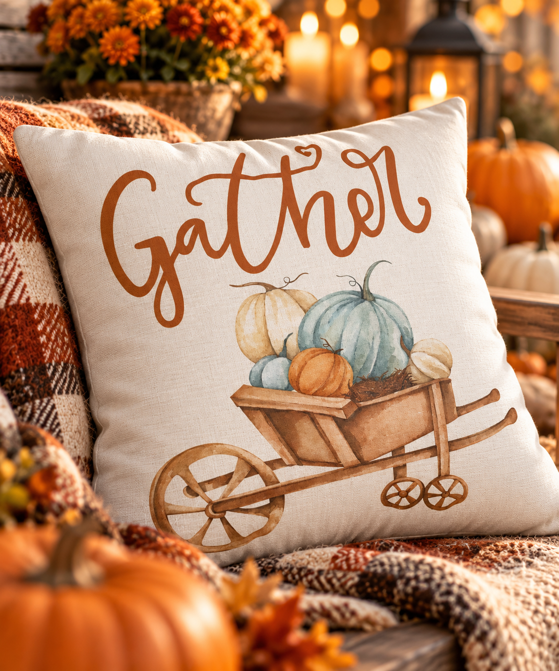 Gather Pillow Cover – Pumpkin Wheelbarrow Throw Pillowcase, Fall Farmhouse Cushion Cover (Cover Only)