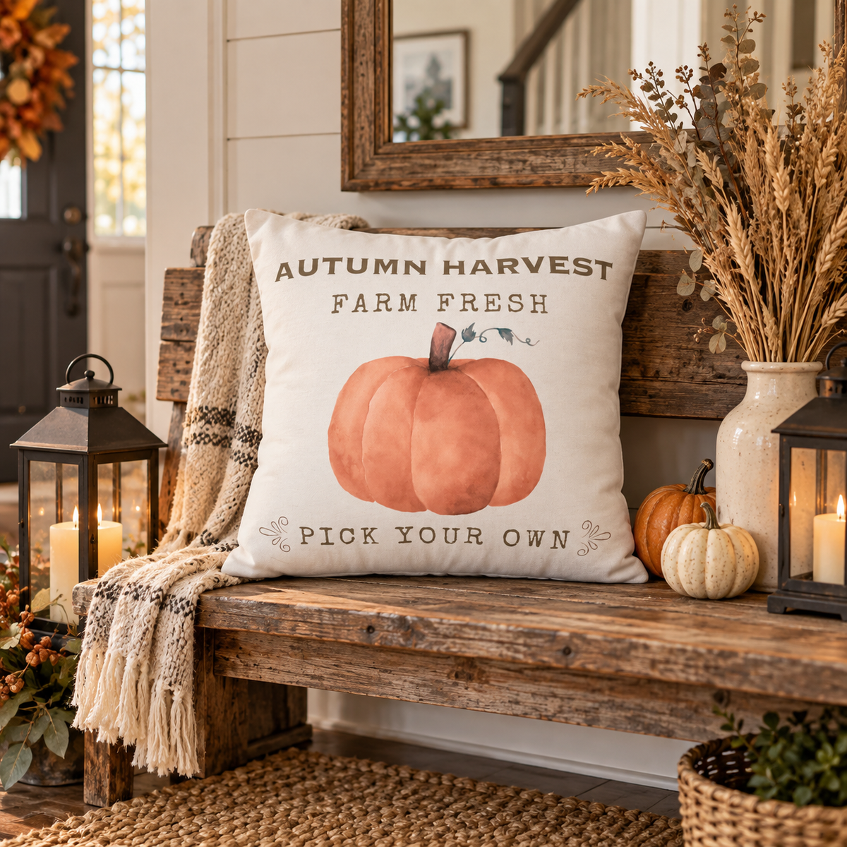 Autumn Harvest Pillow Cover – Farm Fresh Pumpkin Throw Pillowcase, Fall Farmhouse Cushion Cover (Cover Only)