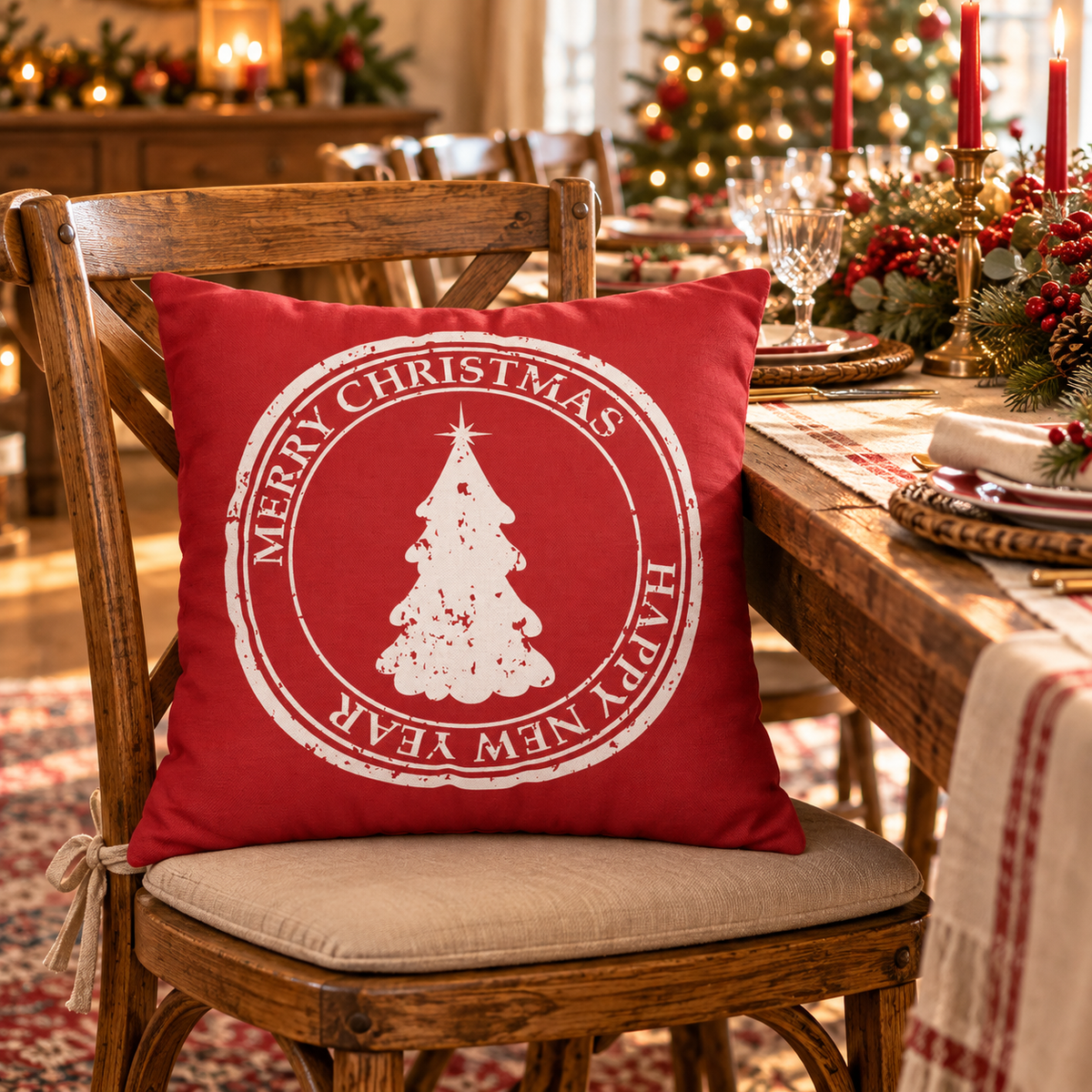Merry Christmas Pillow Cover – Red Holiday Throw Pillowcase with Christmas Tree, Farmhouse Cushion Cover (Cover Only)
