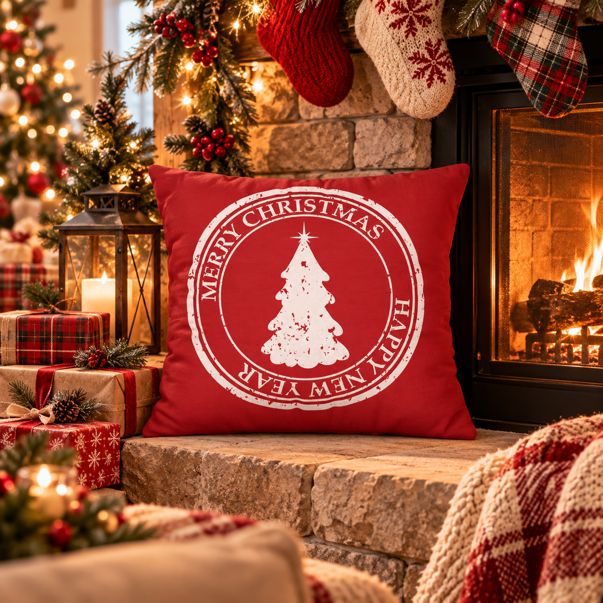 Merry Christmas Pillow Cover – Red Holiday Throw Pillowcase with Christmas Tree, Farmhouse Cushion Cover (Cover Only)