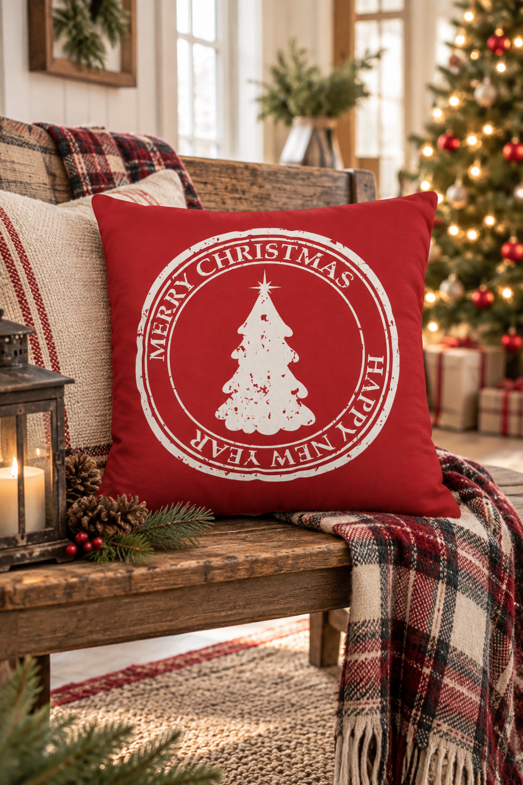Merry Christmas Pillow Cover – Red Holiday Throw Pillowcase with Christmas Tree, Farmhouse Cushion Cover (Cover Only)