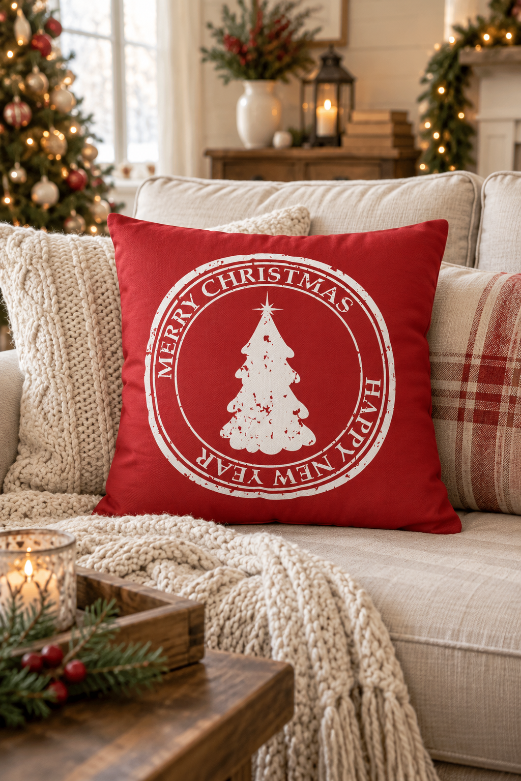 Merry Christmas Pillow Cover – Red Holiday Throw Pillowcase with Christmas Tree, Farmhouse Cushion Cover (Cover Only)