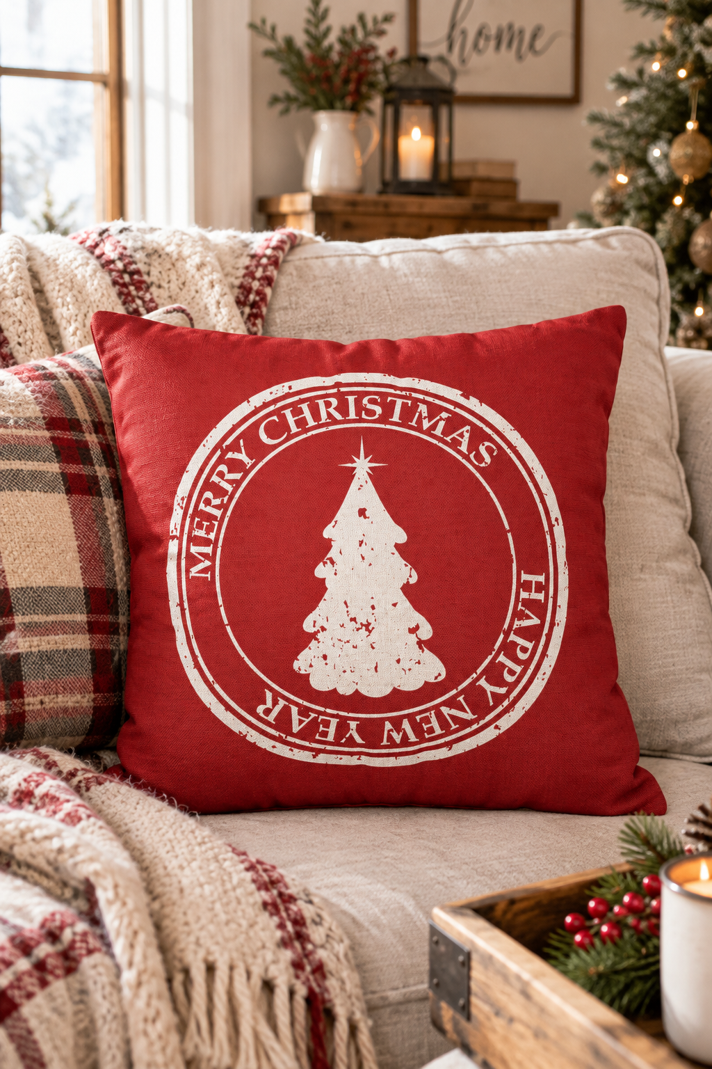 Merry Christmas Pillow Cover – Red Holiday Throw Pillowcase with Christmas Tree, Farmhouse Cushion Cover (Cover Only)