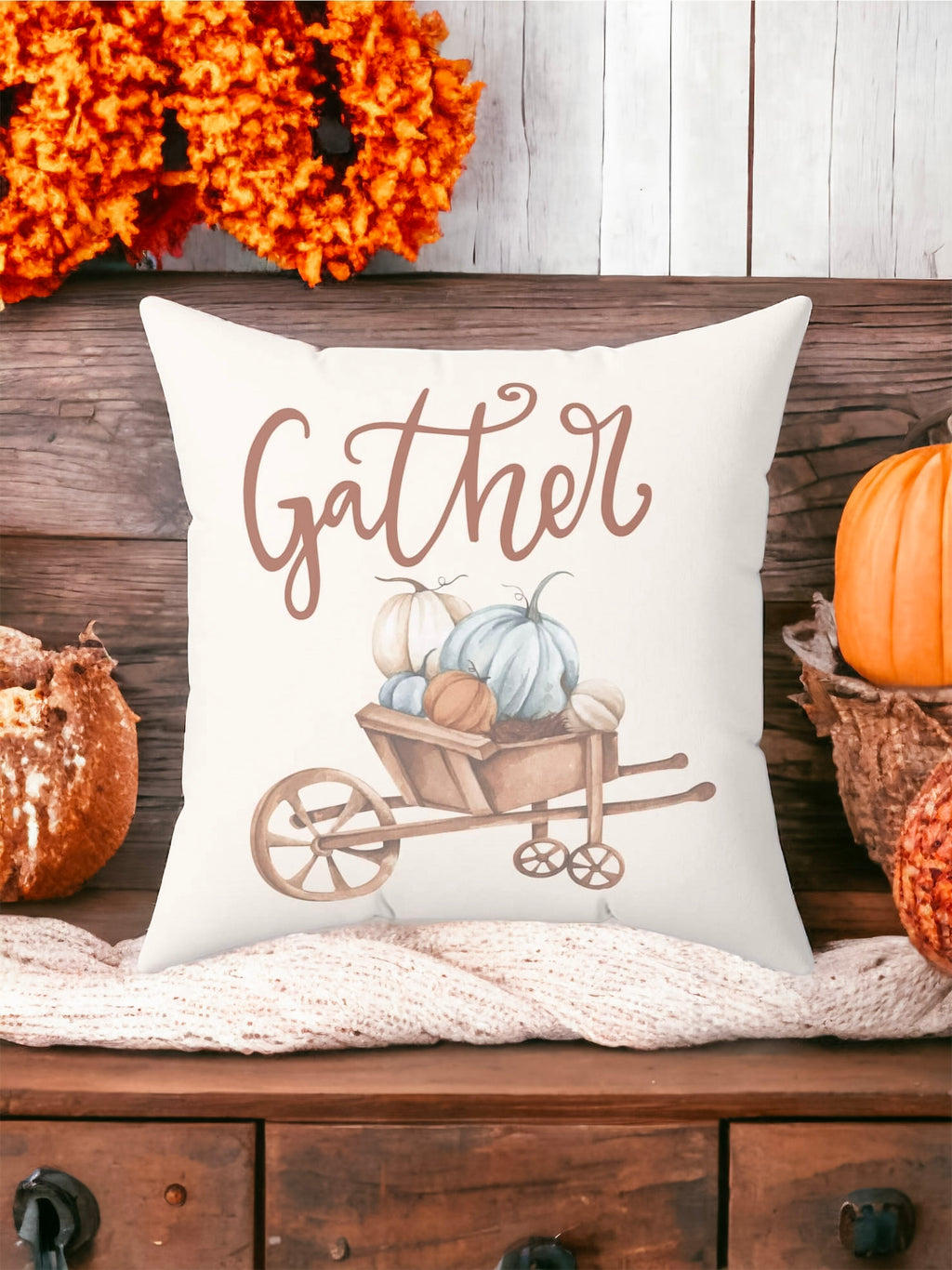 Gather Pillow Cover – Pumpkin Wheelbarrow Throw Pillowcase, Fall Farmhouse Cushion Cover (Cover Only)