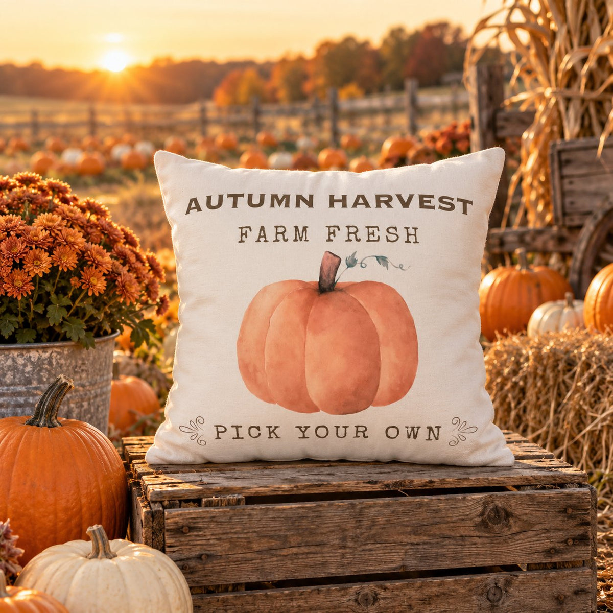 Autumn Harvest Pillow Cover – Farm Fresh Pumpkin Throw Pillowcase, Fall Farmhouse Cushion Cover (Cover Only)