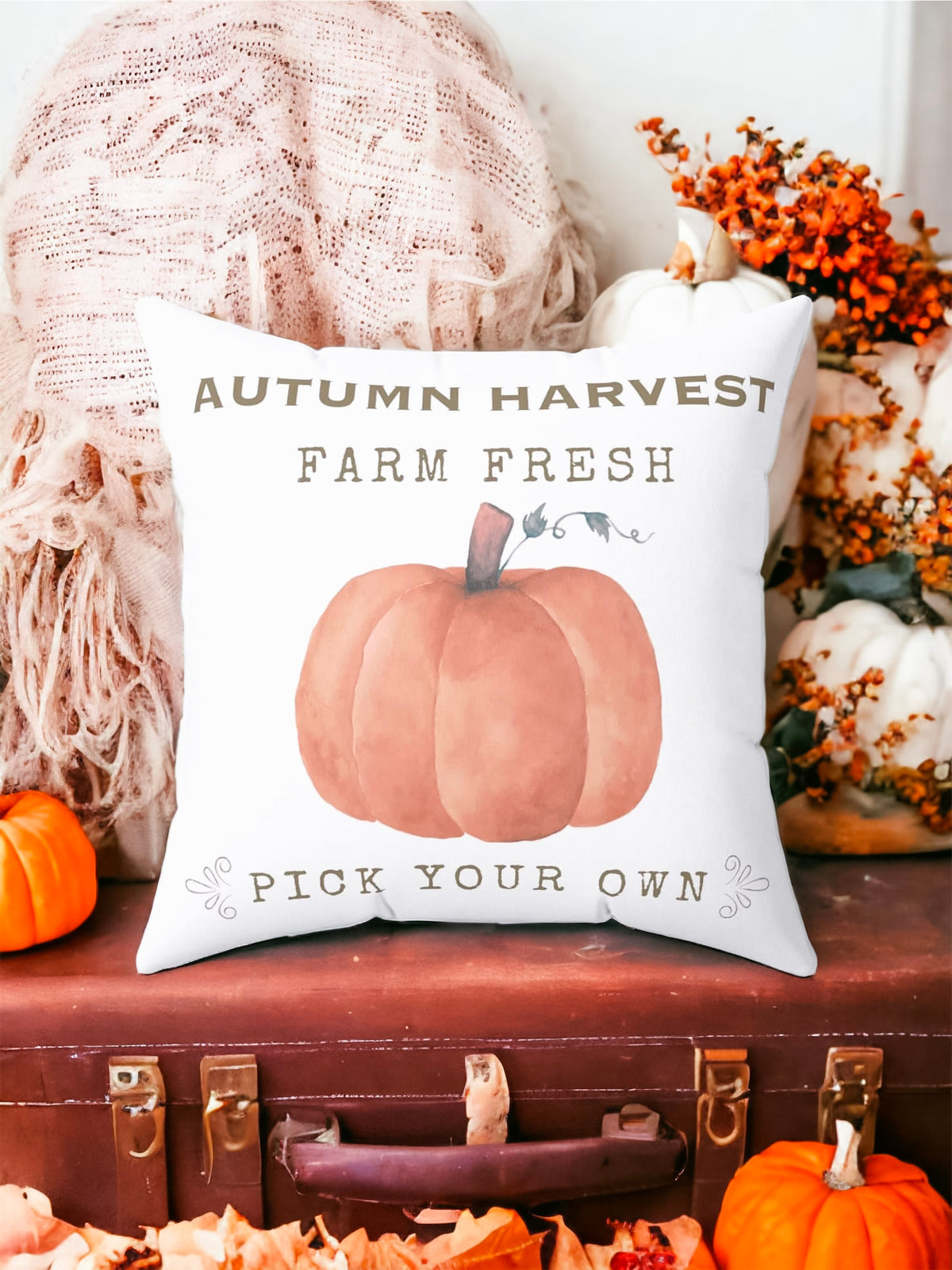 Autumn Harvest Pillow Cover – Farm Fresh Pumpkin Throw Pillowcase, Fall Farmhouse Cushion Cover (Cover Only)