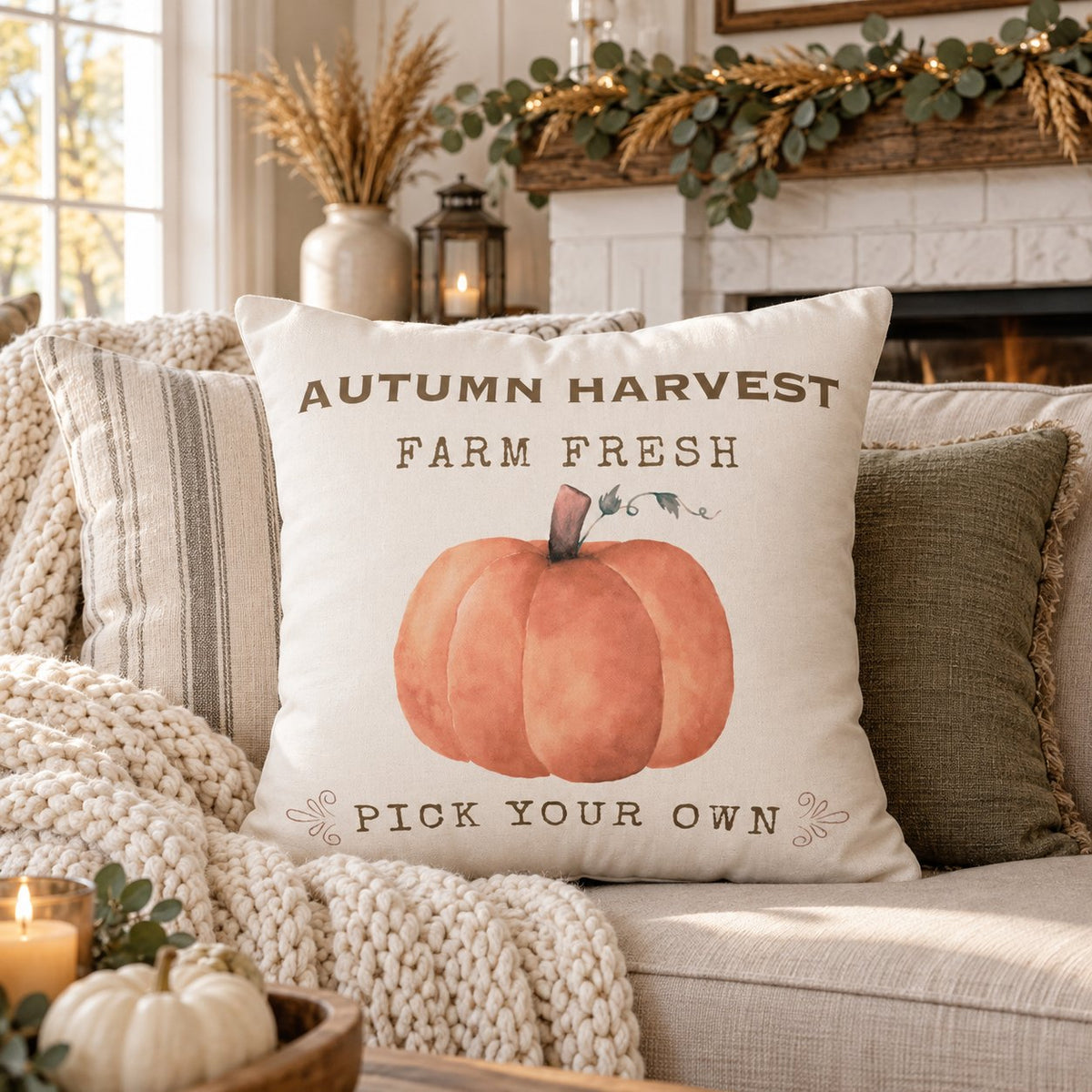 Autumn Harvest Pillow Cover – Farm Fresh Pumpkin Throw Pillowcase, Fall Farmhouse Cushion Cover (Cover Only)