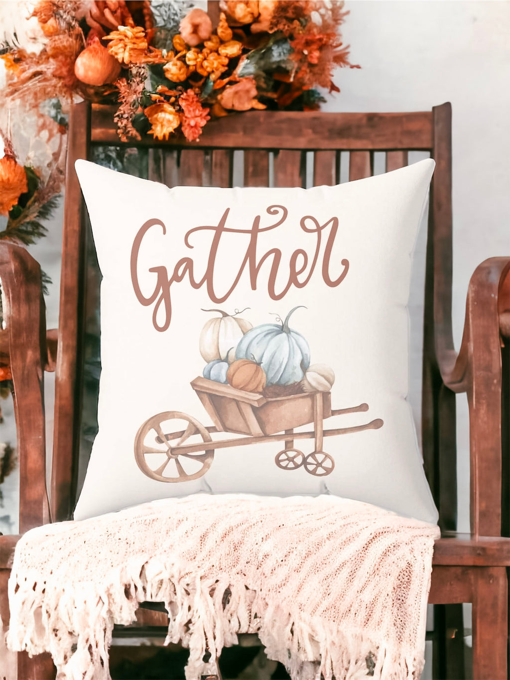 Gather Pillow Cover – Pumpkin Wheelbarrow Throw Pillowcase, Fall Farmhouse Cushion Cover (Cover Only)