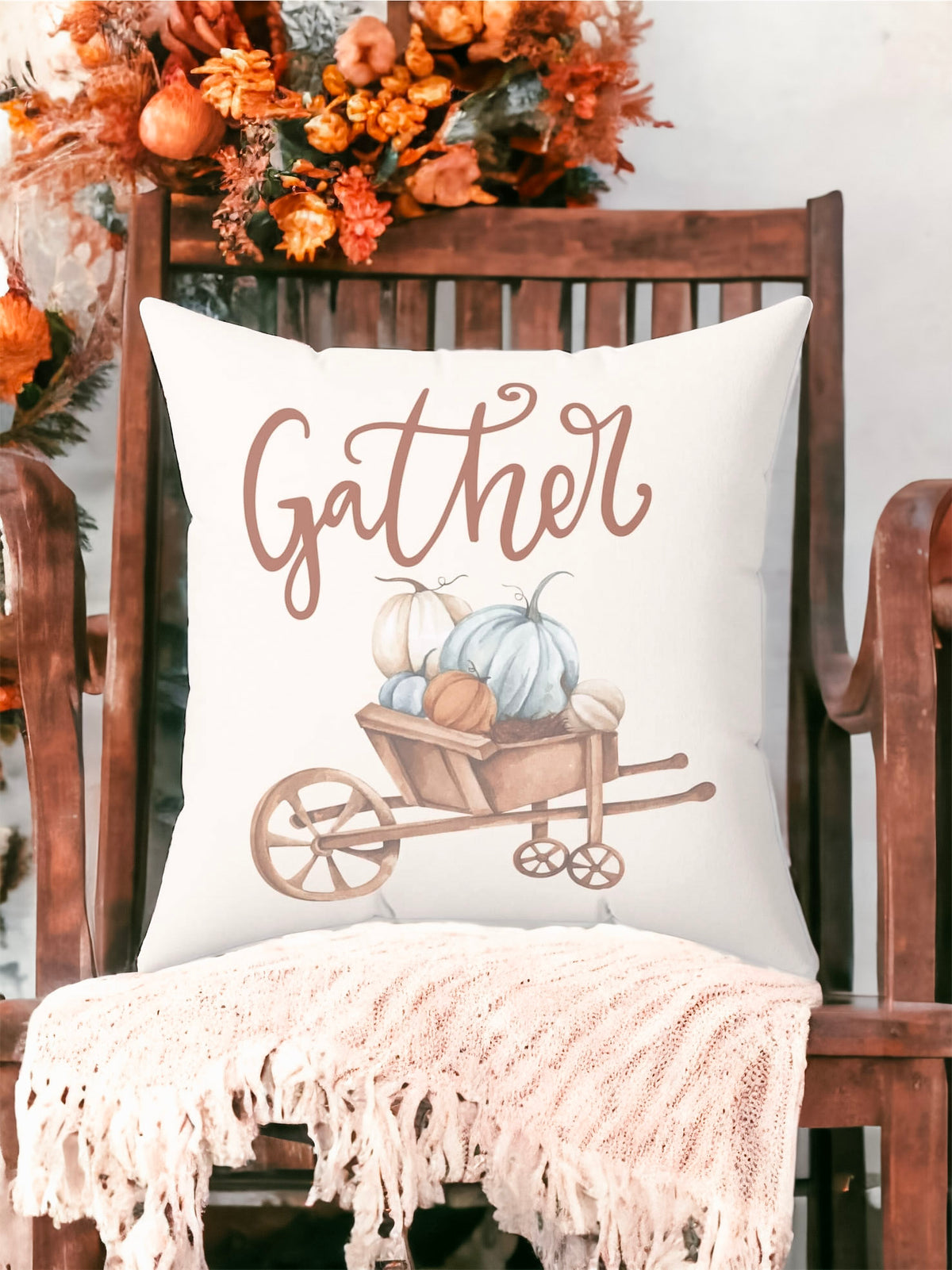 Gather Pillow Cover – Pumpkin Wheelbarrow Throw Pillowcase, Fall Farmhouse Cushion Cover (Cover Only)