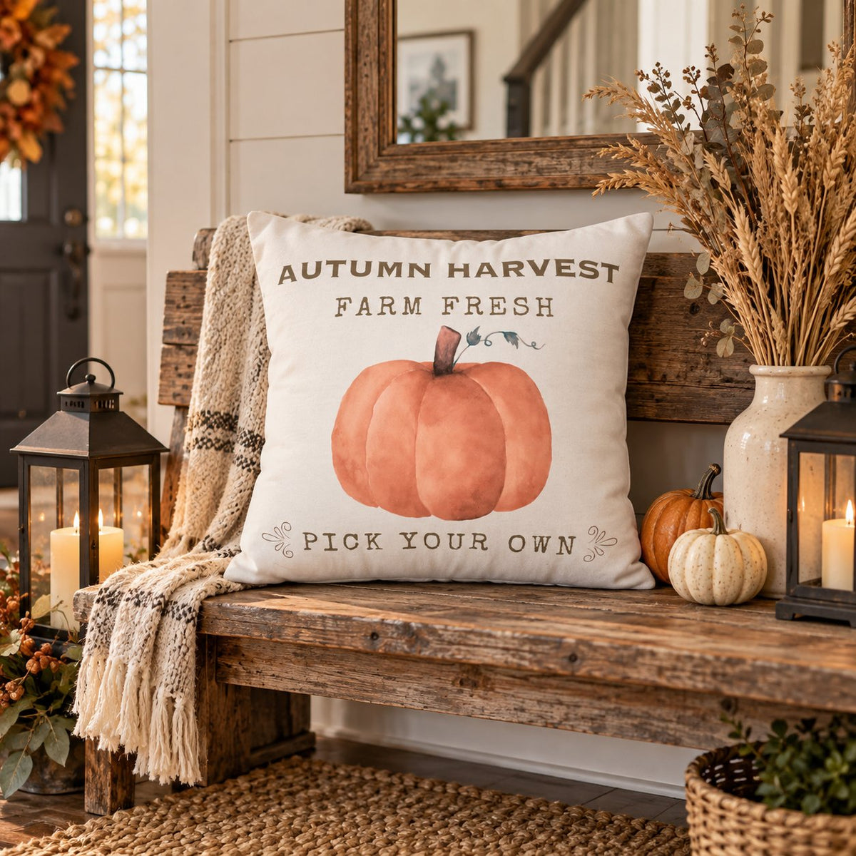 Autumn Harvest Pillow Cover – Farm Fresh Pumpkin Throw Pillowcase, Fall Farmhouse Cushion Cover (Cover Only)