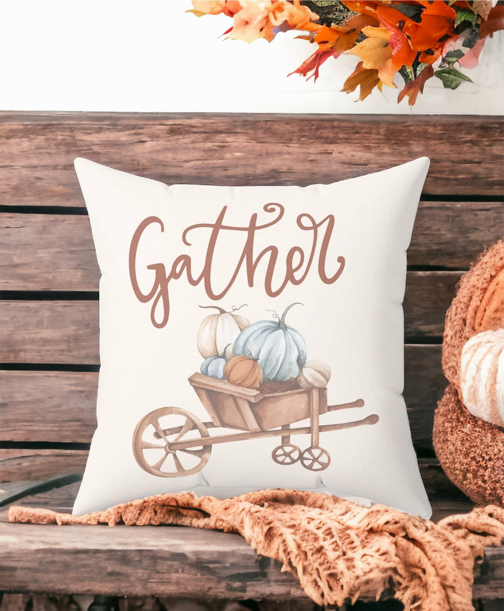 Gather Pillow Cover – Pumpkin Wheelbarrow Throw Pillowcase, Fall Farmhouse Cushion Cover (Cover Only)