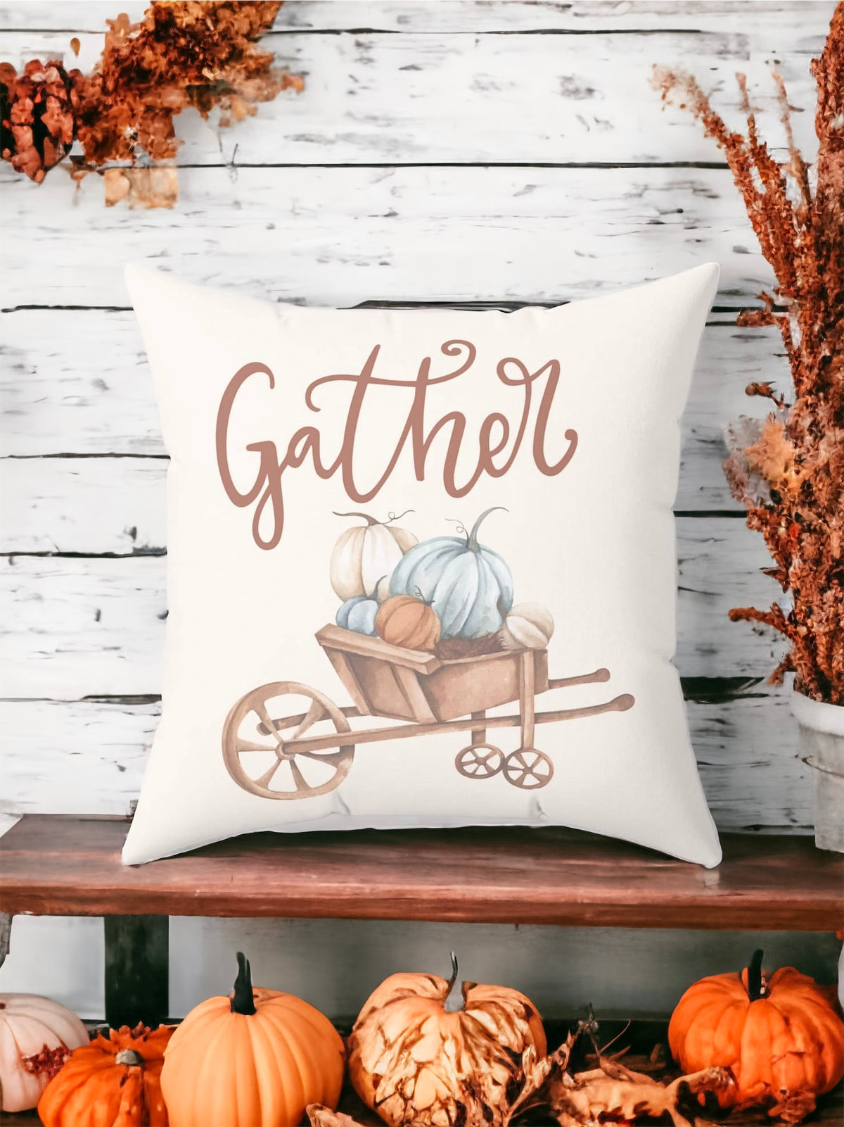 Gather Pillow Cover – Pumpkin Wheelbarrow Throw Pillowcase, Fall Farmhouse Cushion Cover (Cover Only)