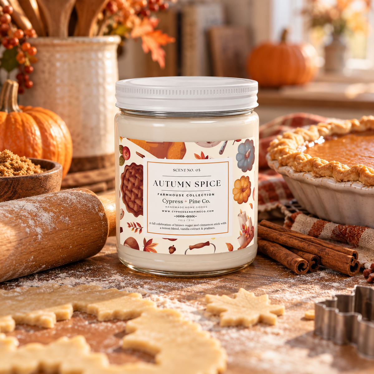 Autumn Spice Scented Candle – 9oz Natural Soy Wax, Farmhouse Collection