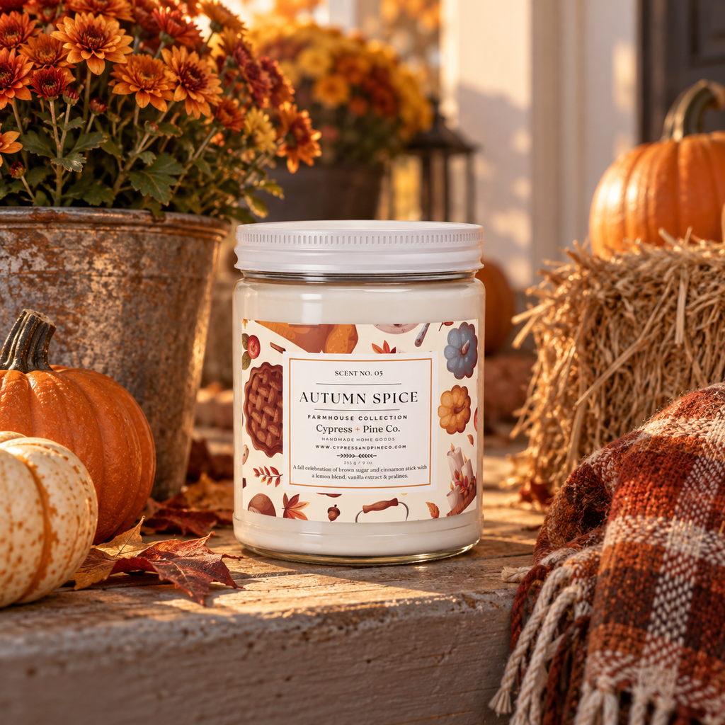 Autumn Spice Scented Candle – 9oz Natural Soy Wax, Farmhouse Collection