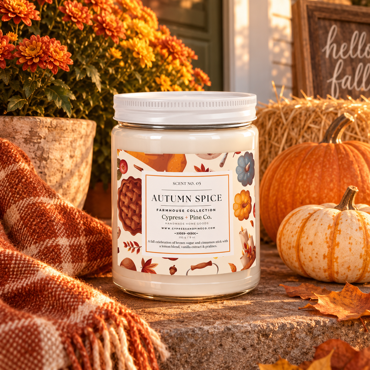 Autumn Spice Scented Candle – 9oz Natural Soy Wax, Farmhouse Collection