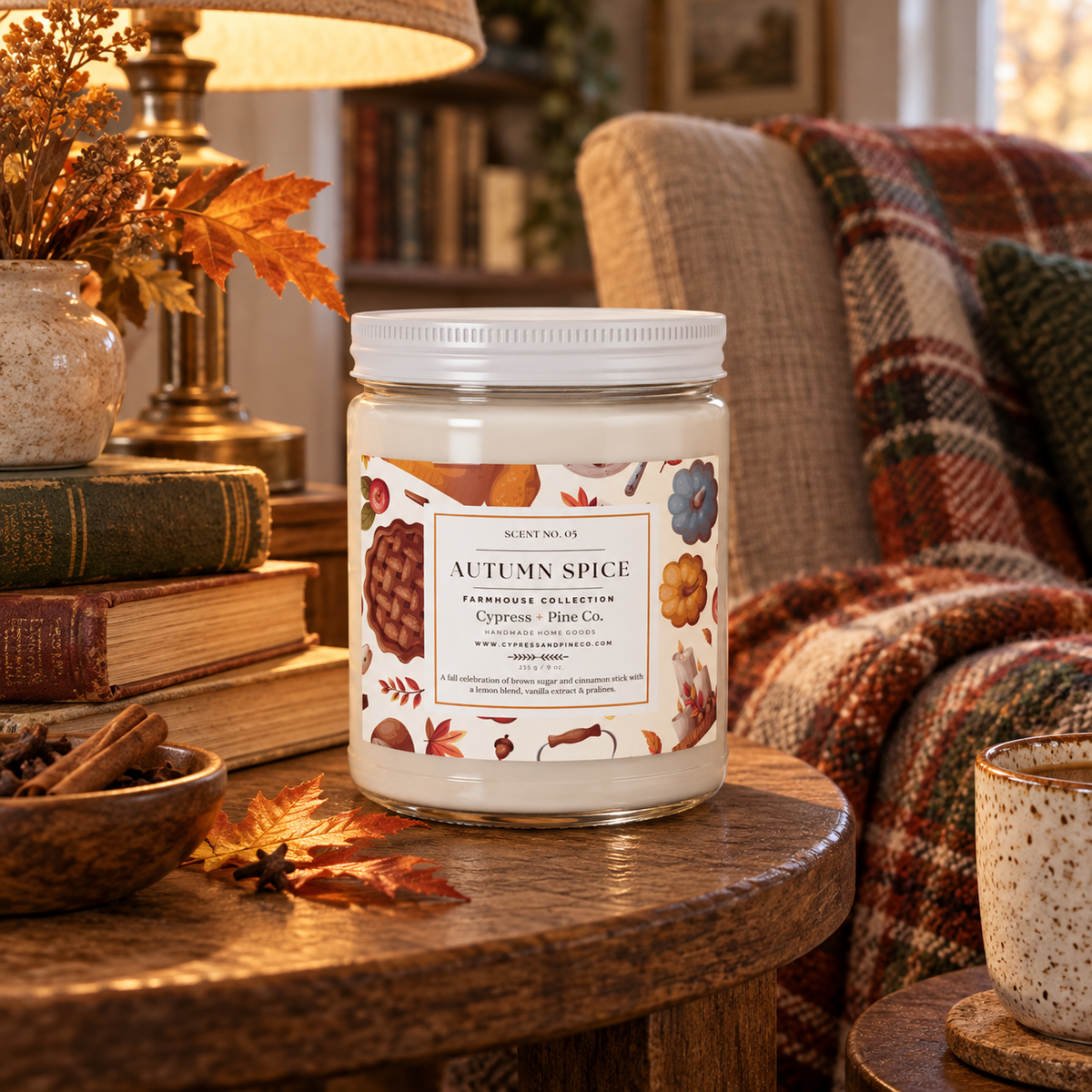 Autumn Spice Scented Candle – 9oz Natural Soy Wax, Farmhouse Collection