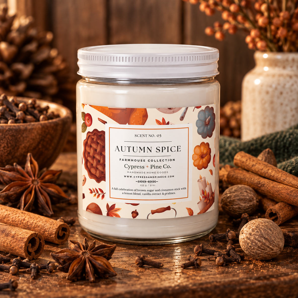 Autumn Spice Scented Candle – 9oz Natural Soy Wax, Farmhouse Collection