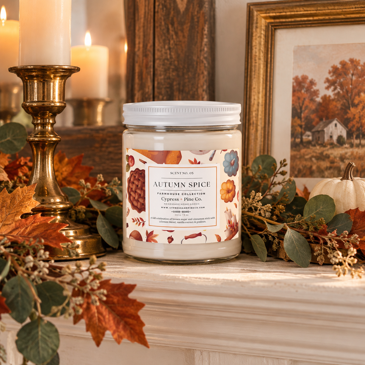 Autumn Spice Scented Candle – 9oz Natural Soy Wax, Farmhouse Collection