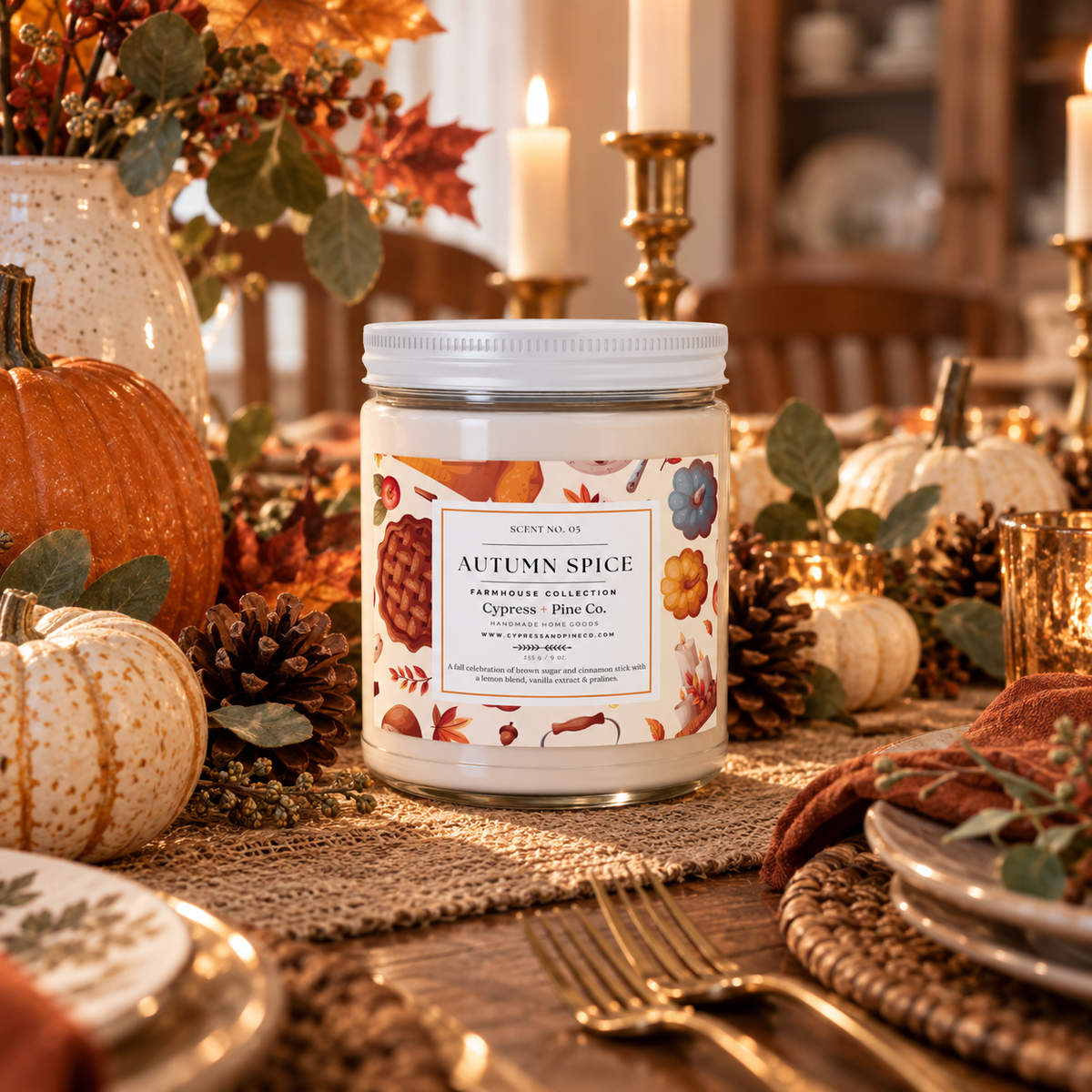 Autumn Spice Scented Candle – 9oz Natural Soy Wax, Farmhouse Collection