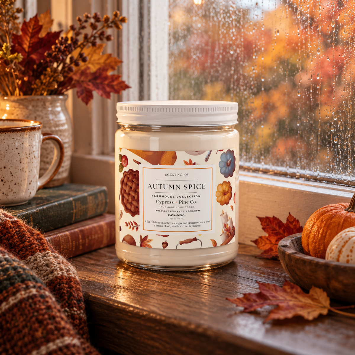 Autumn Spice Scented Candle – 9oz Natural Soy Wax, Farmhouse Collection