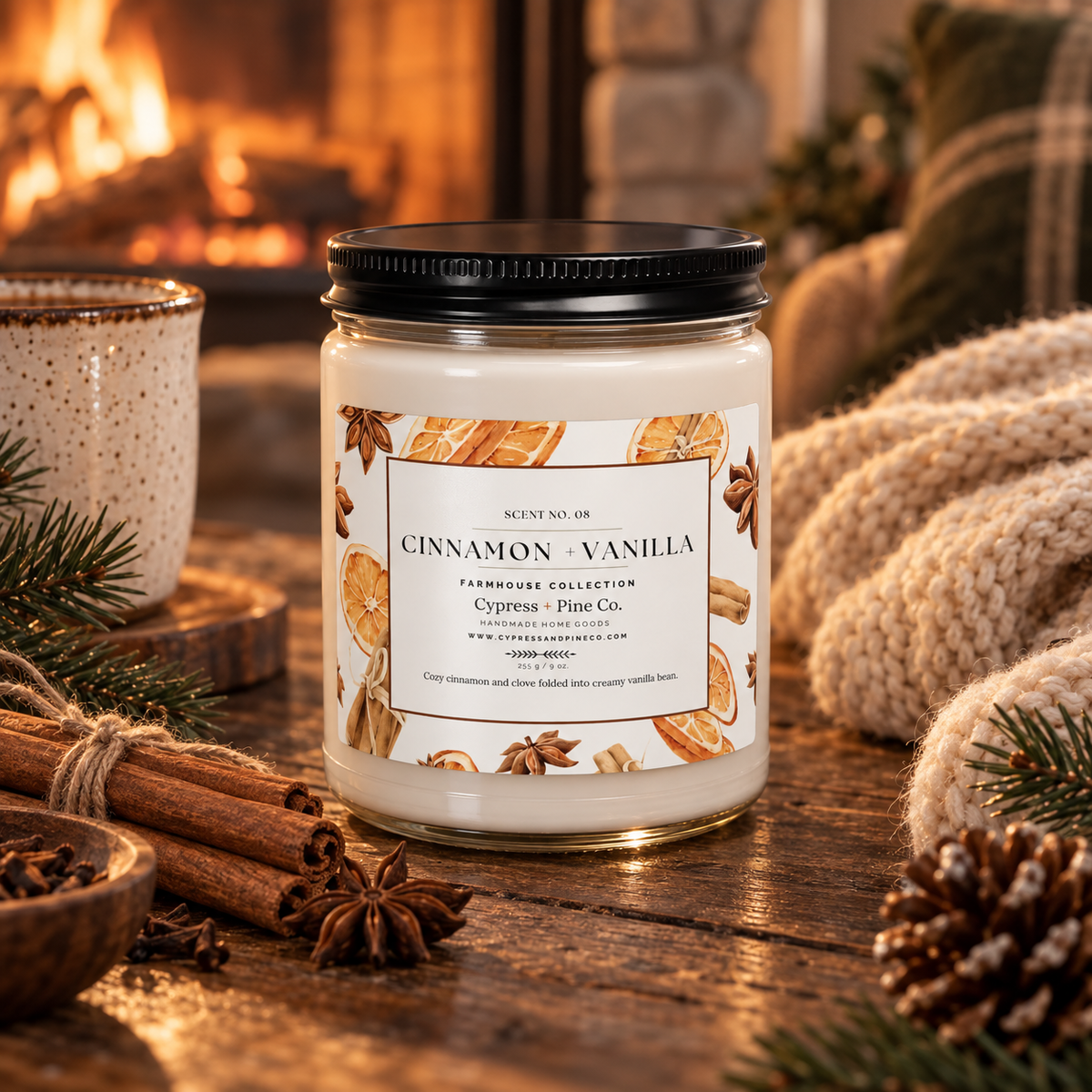 Cinnamon + Vanilla Scented Candle – 9oz Natural Soy Wax Blend