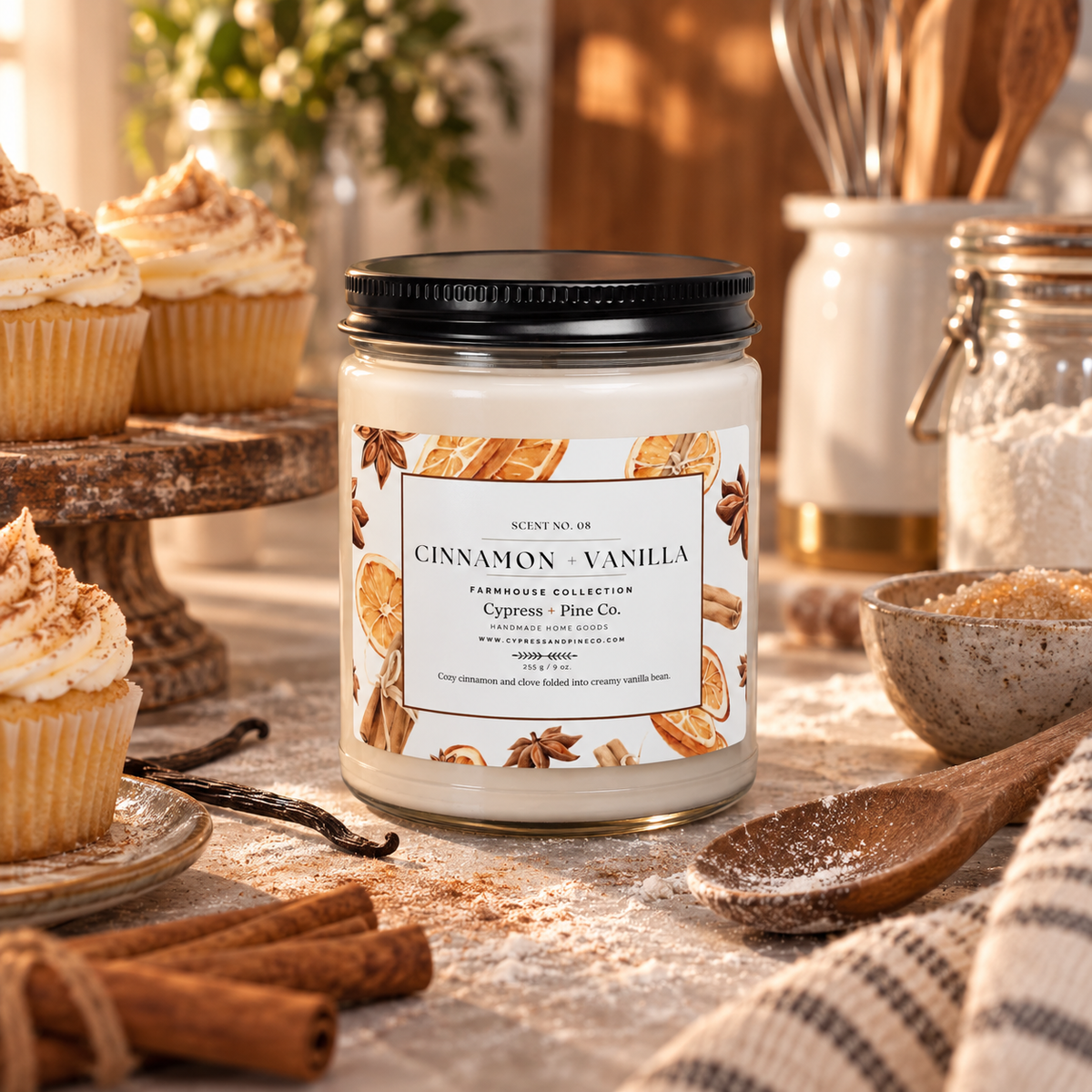 Cinnamon + Vanilla Scented Candle – 9oz Natural Soy Wax Blend