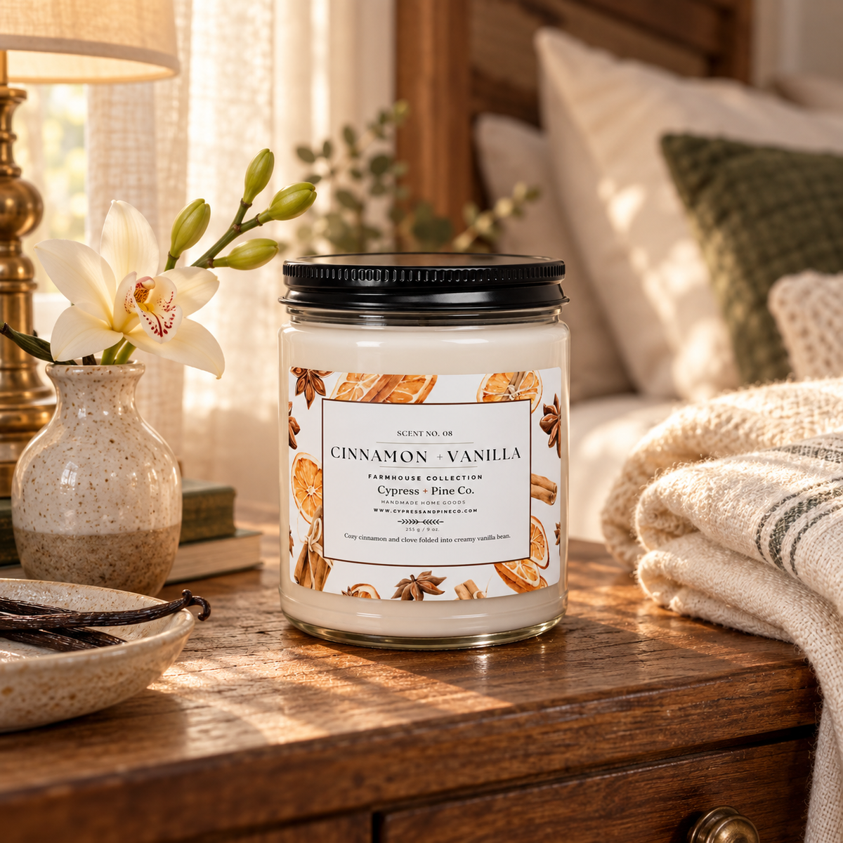 Cinnamon + Vanilla Scented Candle – 9oz Natural Soy Wax Blend