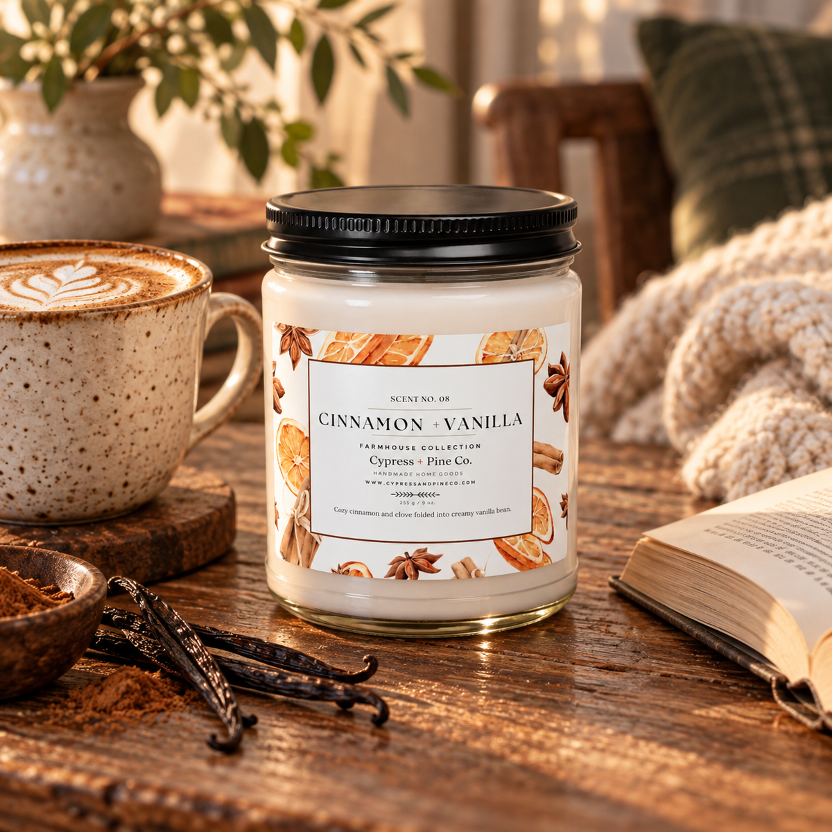 Cinnamon + Vanilla Scented Candle – 9oz Natural Soy Wax Blend