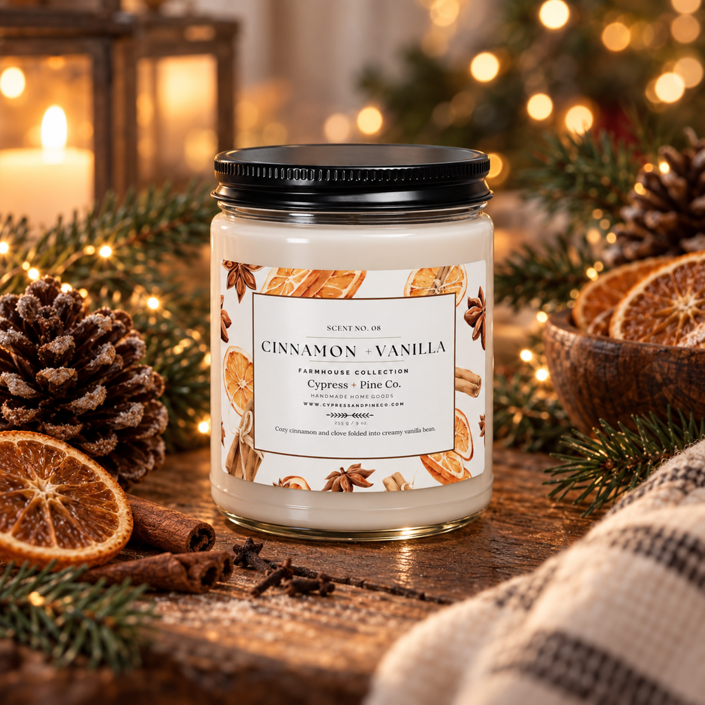 Cinnamon + Vanilla Scented Candle – 9oz Natural Soy Wax Blend