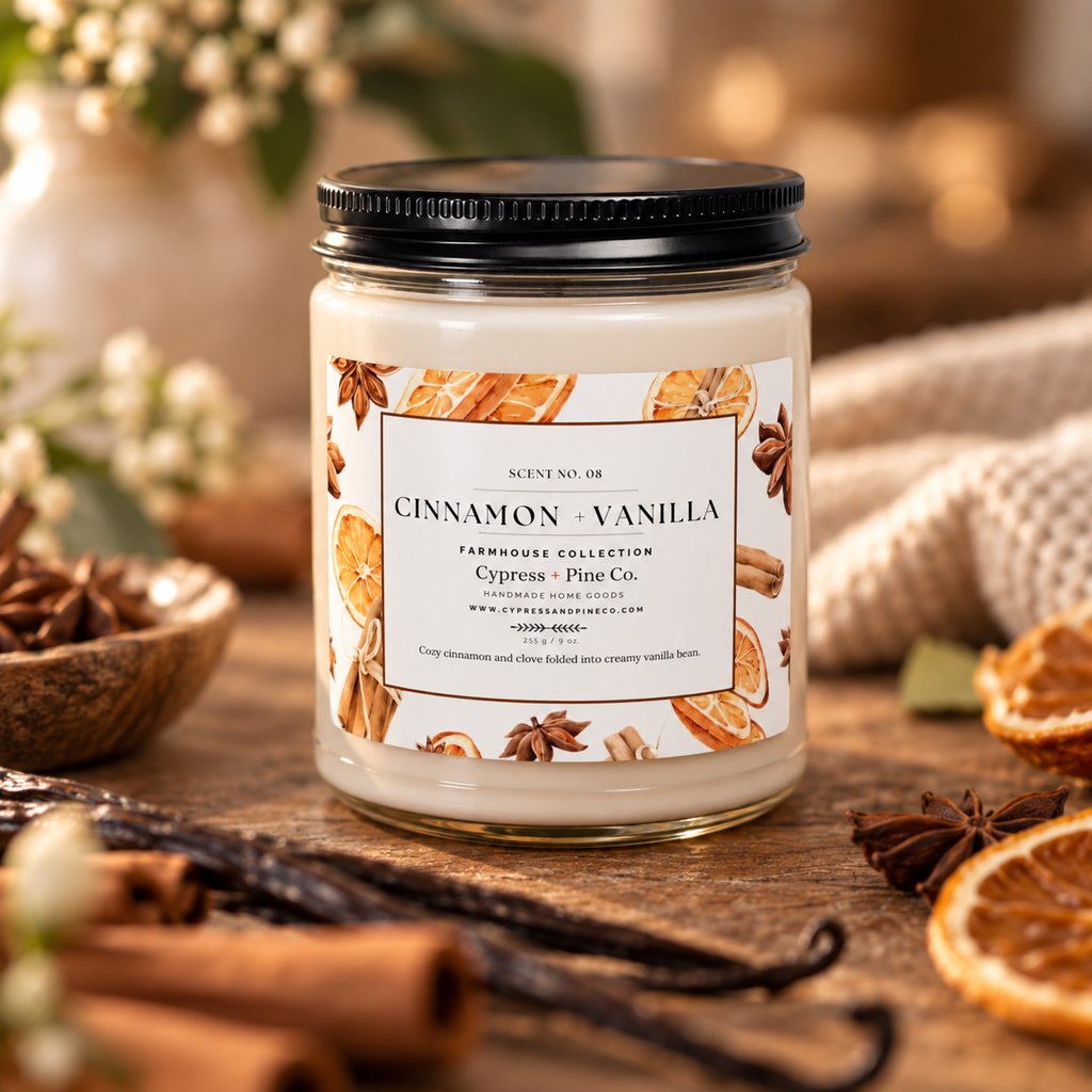 Cinnamon + Vanilla Scented Candle – 9oz Natural Soy Wax Blend