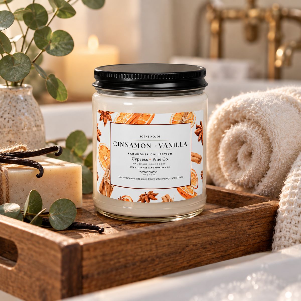 Cinnamon + Vanilla Scented Candle – 9oz Natural Soy Wax Blend